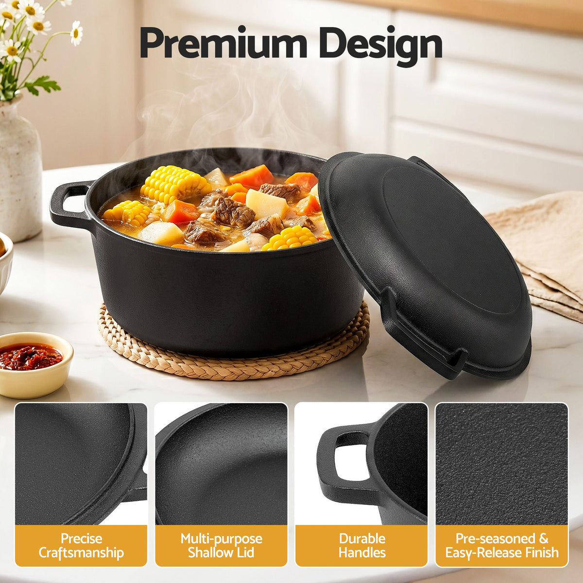 5-Star Chef 5L 2-In-1 Pre-Seasoned Cast Iron Dutch Oven Pot with Lid and Dual Handles for Sourdough Bread DTO-POT-2IN1-BK