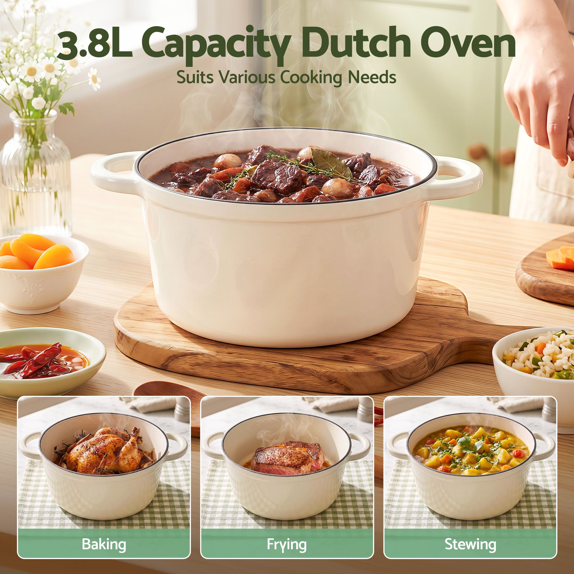 5-Star Chef 3.8L Enameled Cast Iron Dutch Oven Pot with Lid for Sourdough Bread Baking DTO-POT-WH