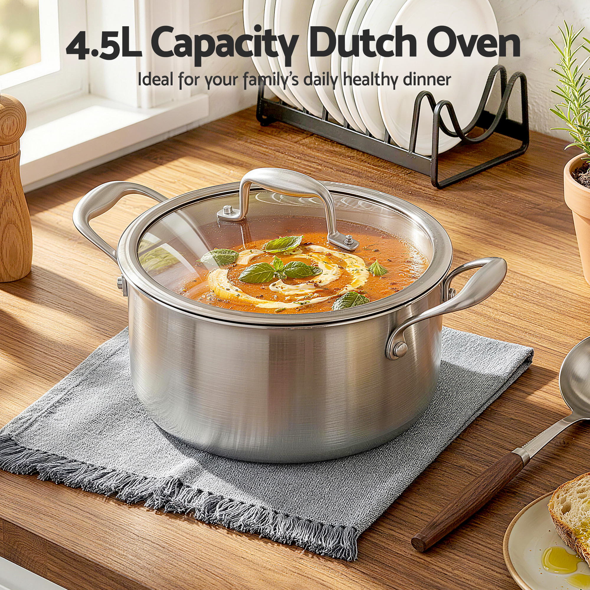 5-Star Chef 4.5L 24cm Stainless Steel Dutch Oven Pot with Lid and Stay-Cool Handle DTO-SS-POT-4.5L-SL