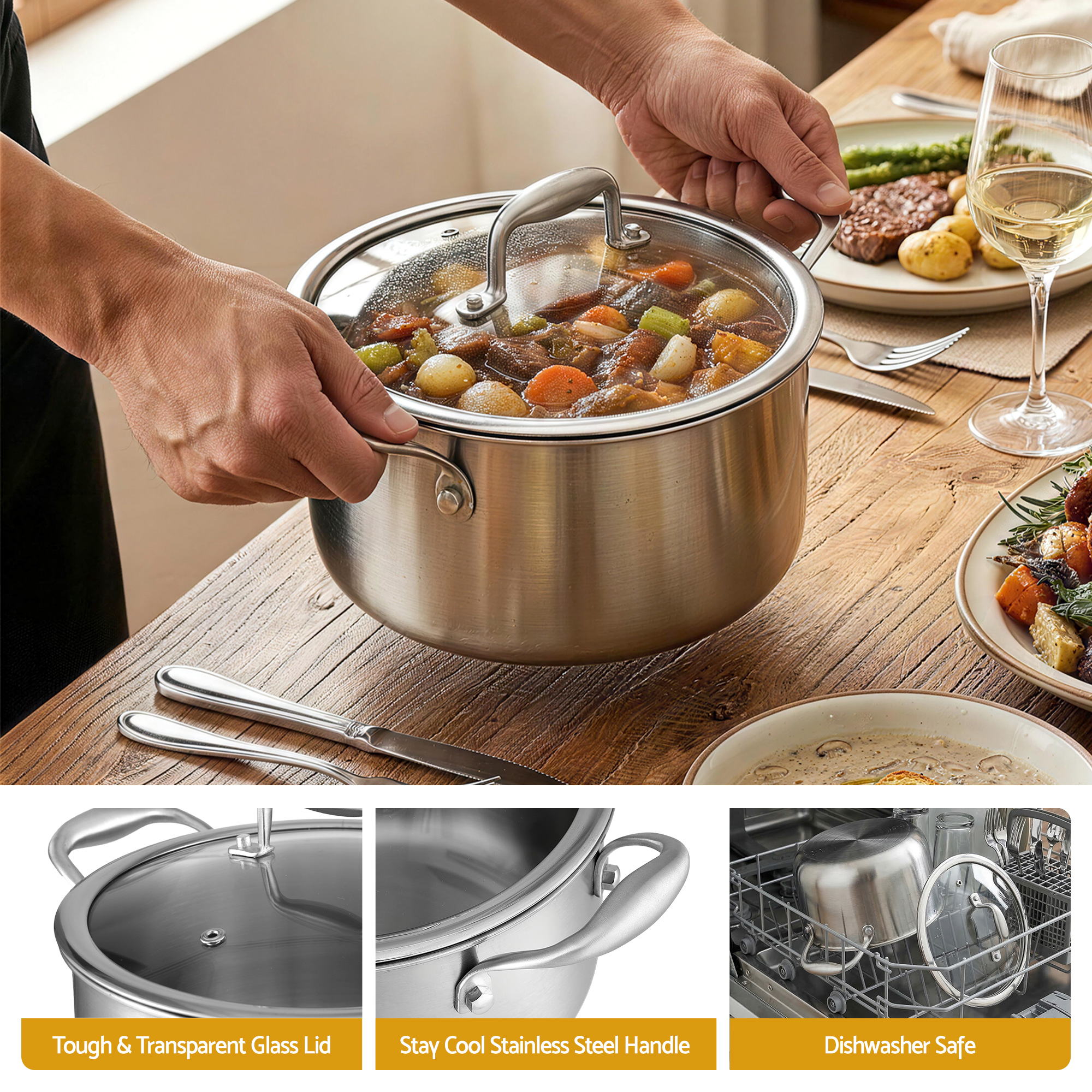 5-Star Chef 4.5L 24cm Stainless Steel Dutch Oven Pot with Lid and Stay-Cool Handle DTO-SS-POT-4.5L-SL