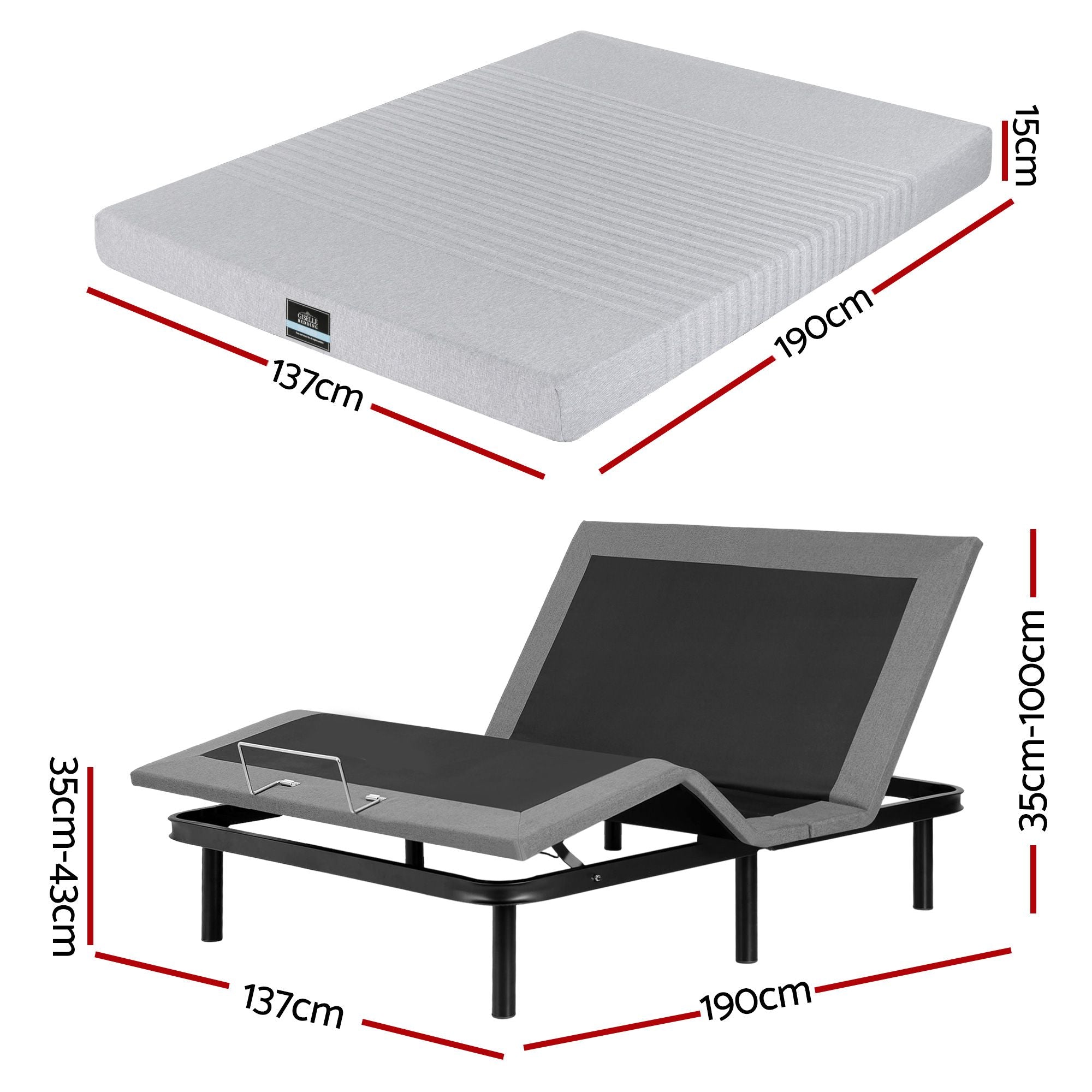 Artiss Double Bed Frame and Giselle Bedding Double Memory Foam Mattress Set, Electric Bed Base with Zero EAB-8183-NOBLE-15-D