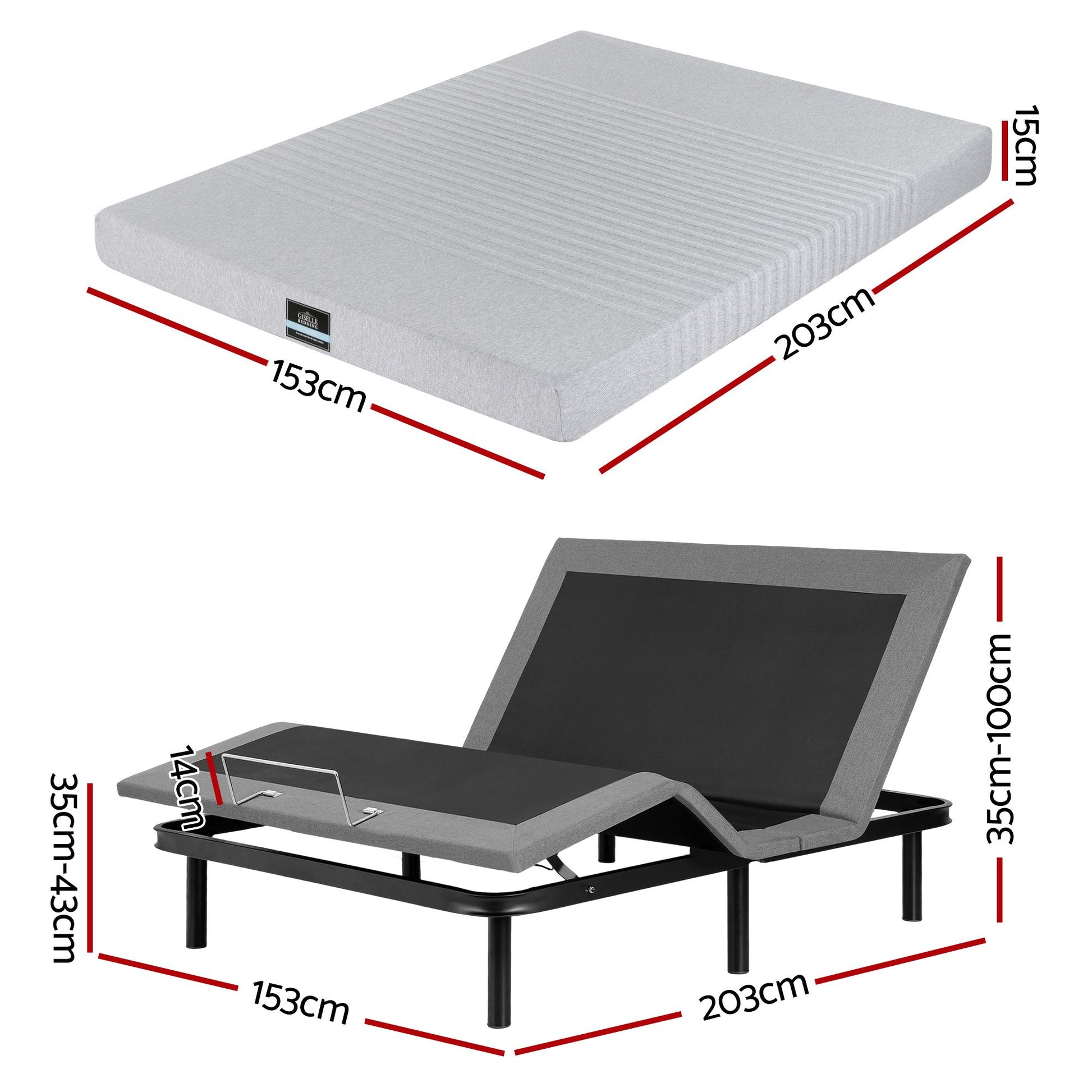 Artiss Queen Bed Frame and Giselle Bedding Queen Memory Foam Mattress Set, Electric Bed Base with Zero EAB-8183-NOBLE-15-Q