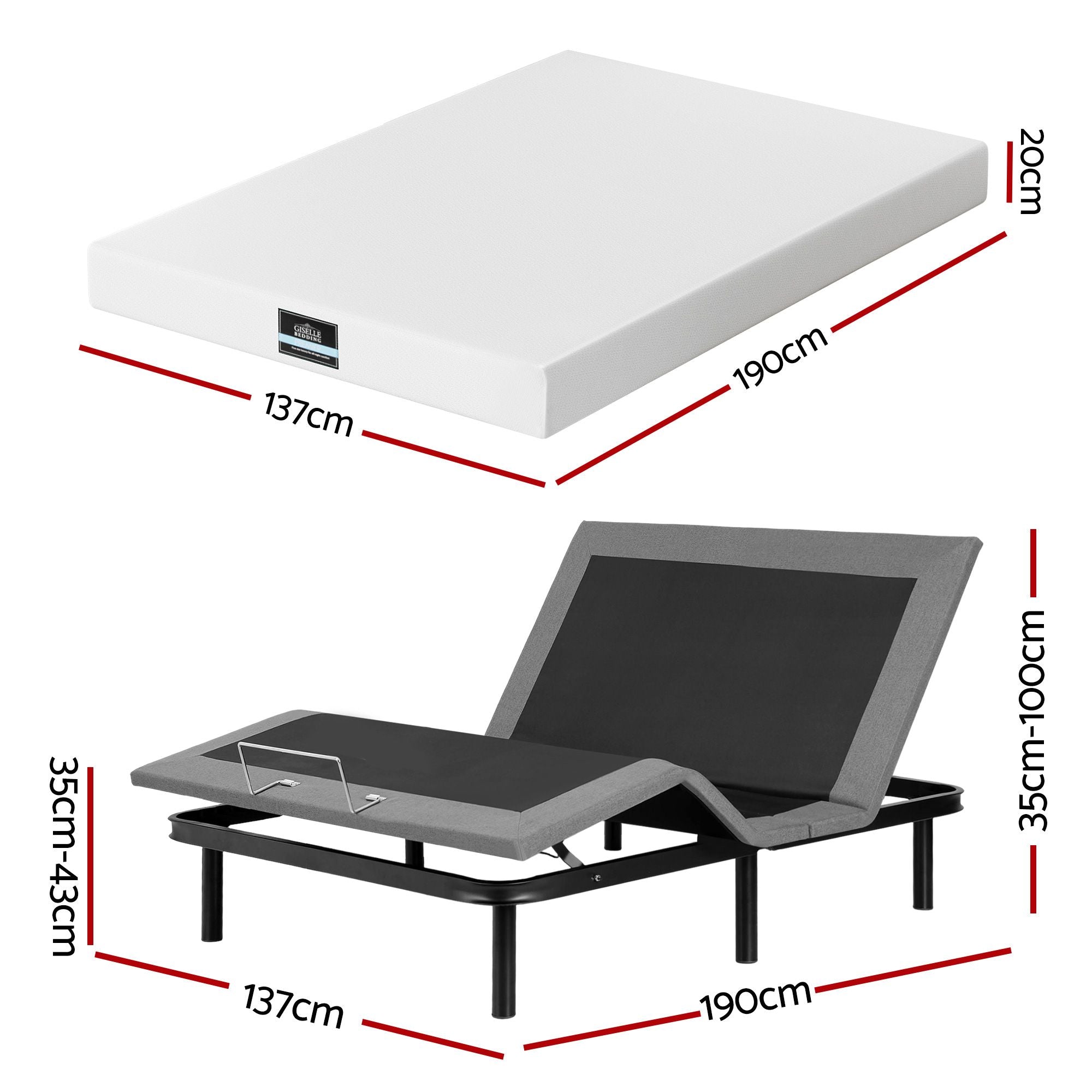 Artiss Double size bed frame & Giselle Bedding Double Mattress Combo, adjustable bed Base for Snoring Relief, Independent Head Foot Incline, Wireless Remote, Black,20cm Thickness