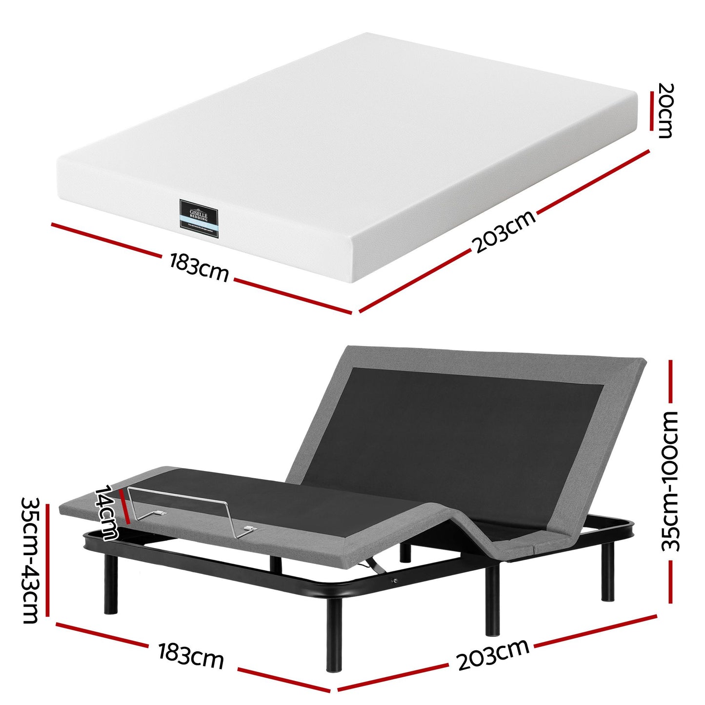 Artiss King size bed frame & Giselle Bedding King Mattress Combo, adjustable bed Base for Snoring Relief, EAB-8183-PURE-20-K