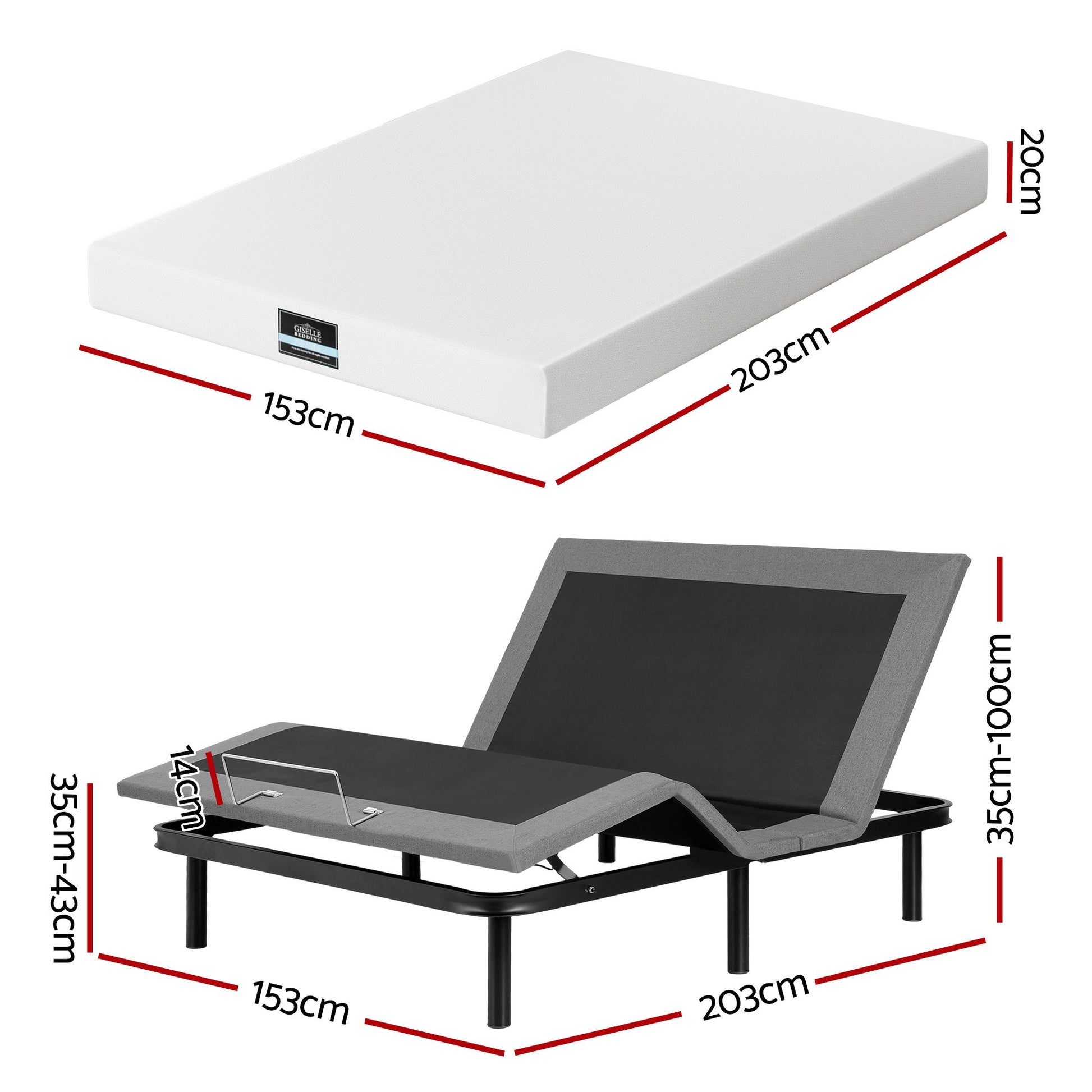 Artiss Queen size bed frame & Giselle Bedding Mattress Queen Combo, adjustable bed Base for Snoring Relief, EAB-8183-PURE-20-Q