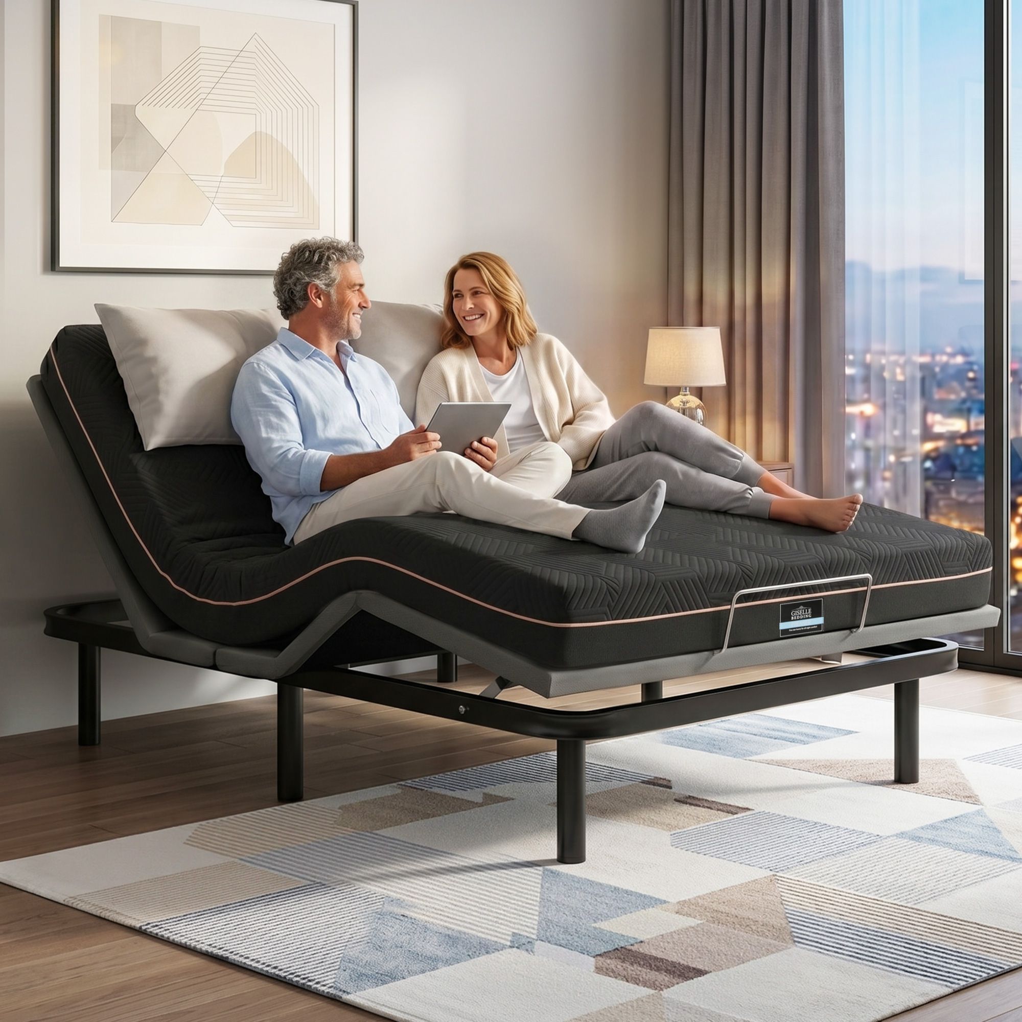 Artiss Double size bed frame with Giselle Bedding Double Mattress, adjustable bed Base Combo for Snoring Relief, Independent Head Foot Incline, Wireless Remote, Black,18cm Thickness