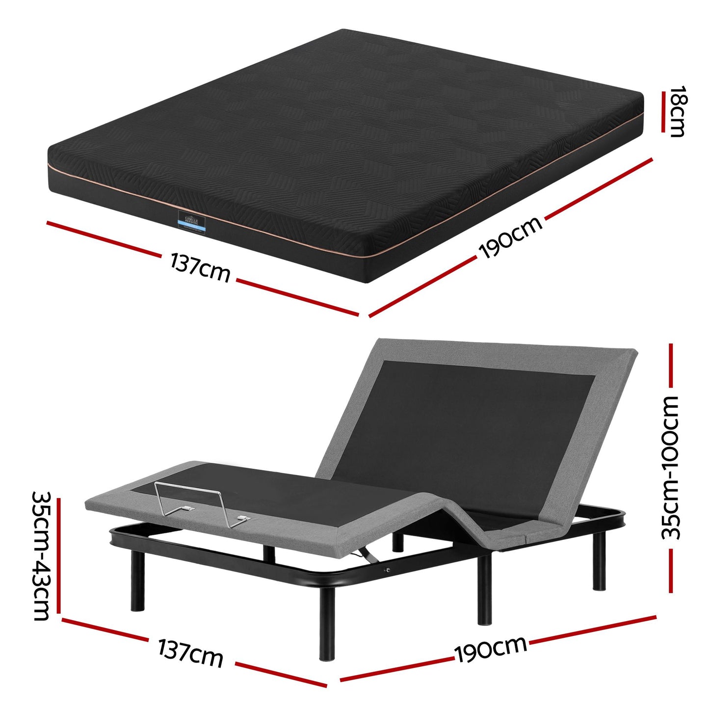 Artiss Double size bed frame with Giselle Bedding Double Mattress, adjustable bed Base Combo for Snoring EAB-8183-SHADOW-18-D