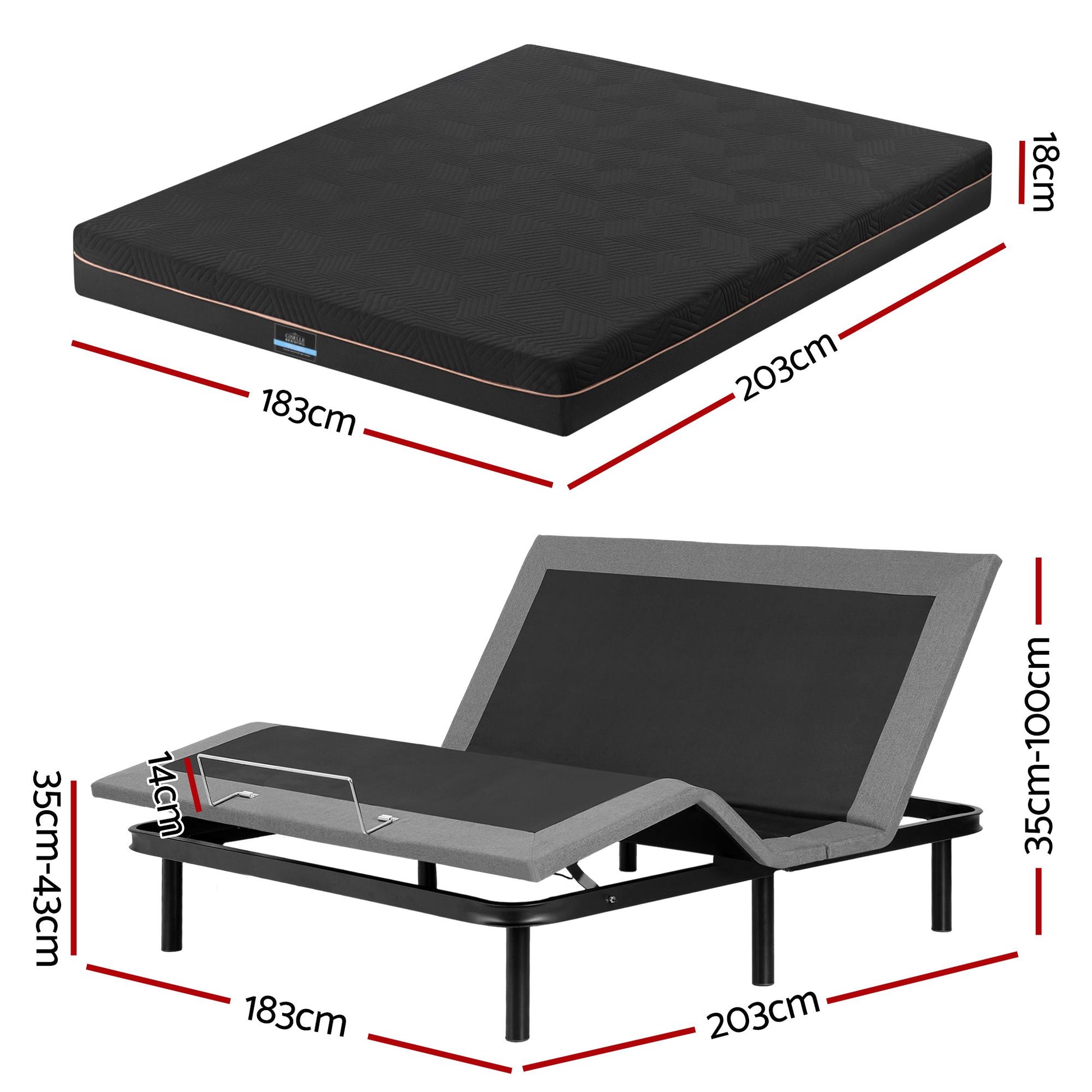 Artiss King size bed frame with Giselle Bedding King Mattress, adjustable bed Base Combo for Snoring Relief, EAB-8183-SHADOW-18-K