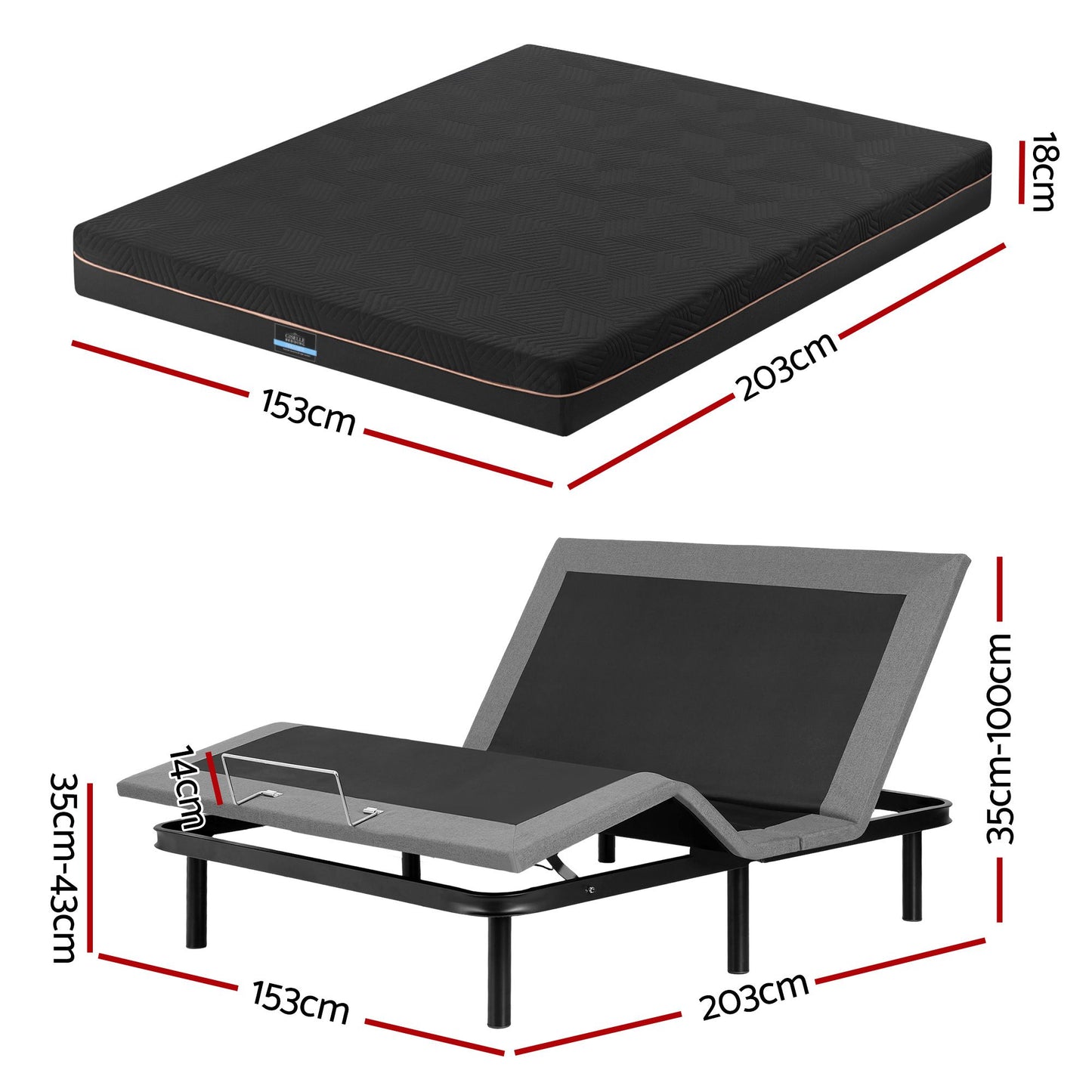 Artiss Queen size bed frame with Giselle Bedding Queen Mattress, adjustable bed Base Combo for Snoring EAB-8183-SHADOW-18-Q