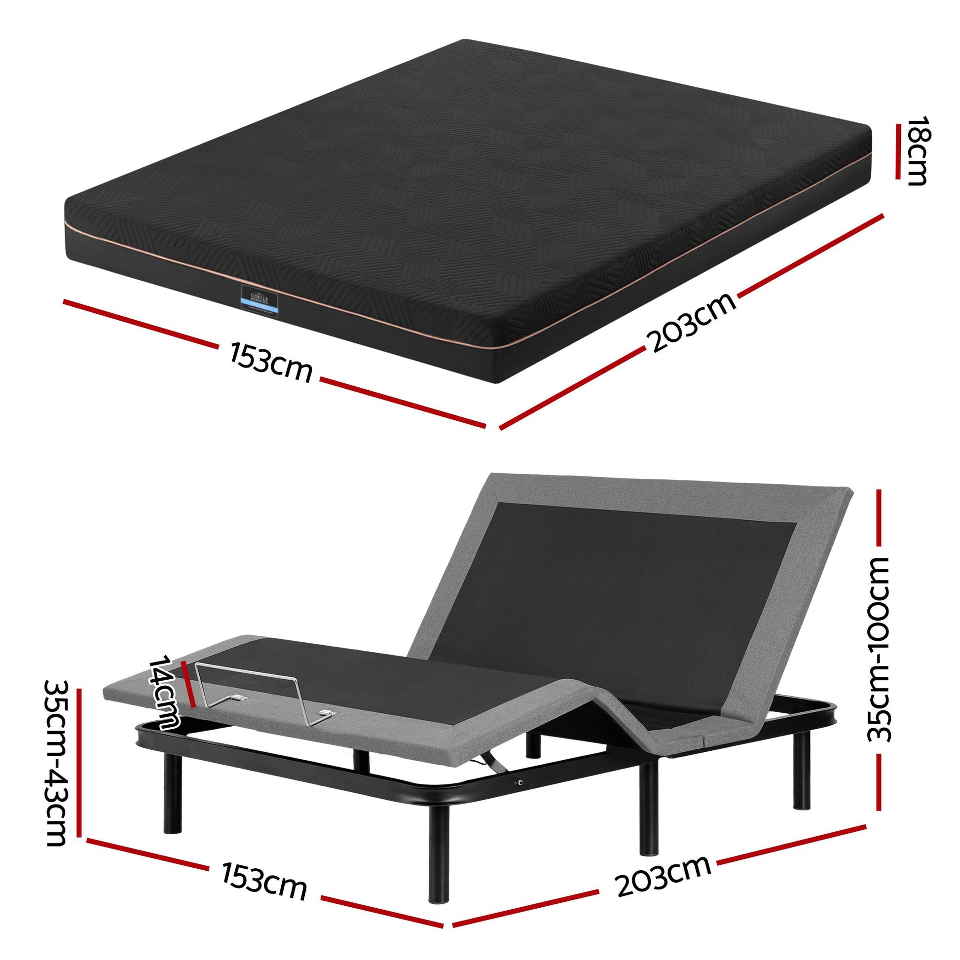 Artiss Queen size bed frame with Giselle Bedding Queen Mattress, adjustable bed Base Combo for Snoring EAB-8183-SHADOW-18-Q