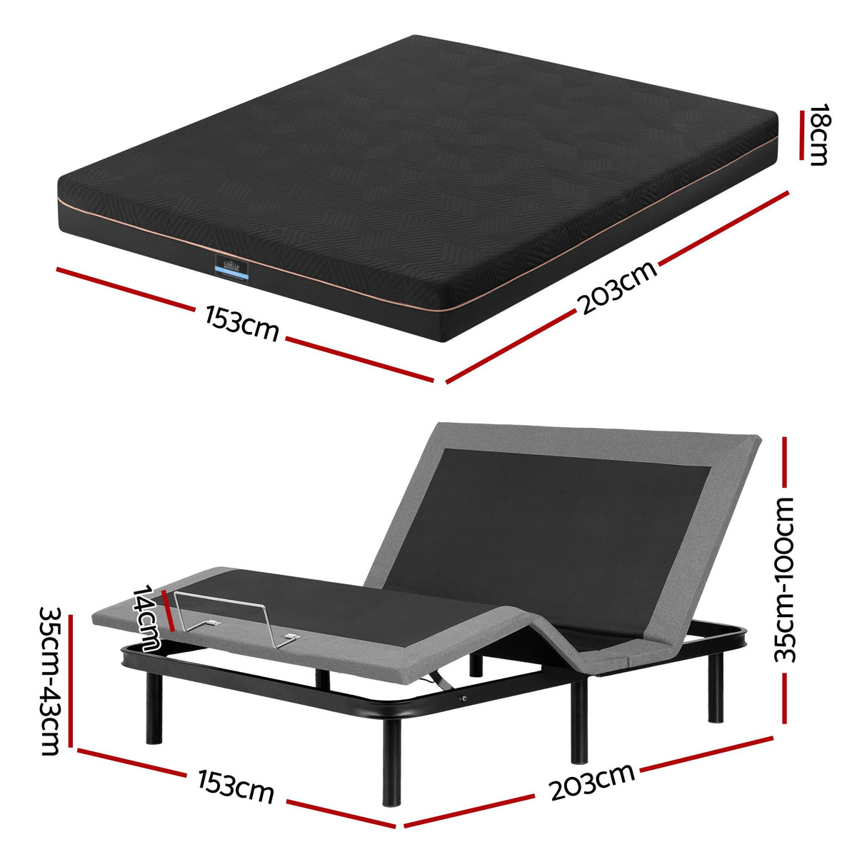 Artiss Queen size bed frame with Giselle Bedding Queen Mattress, adjustable bed Base Combo for Snoring Relief, Independent Head Foot Incline, Wireless Remote, Black,18cm Thickness