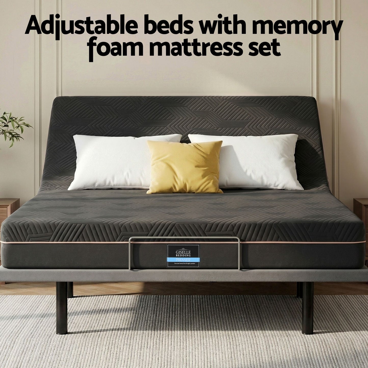 Artiss Queen size bed frame with Giselle Bedding Queen Mattress, adjustable bed Base Combo for Snoring EAB-8183-SHADOW-18-Q