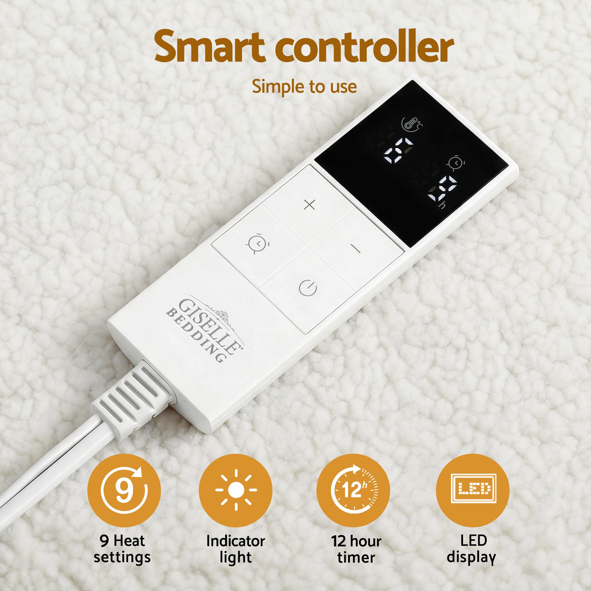 Giselle Electric Blanket LED Remote Sherpa Fleece Underlay Fully Fitted Machine Washable King Single EB-C-FL-LCD-KS