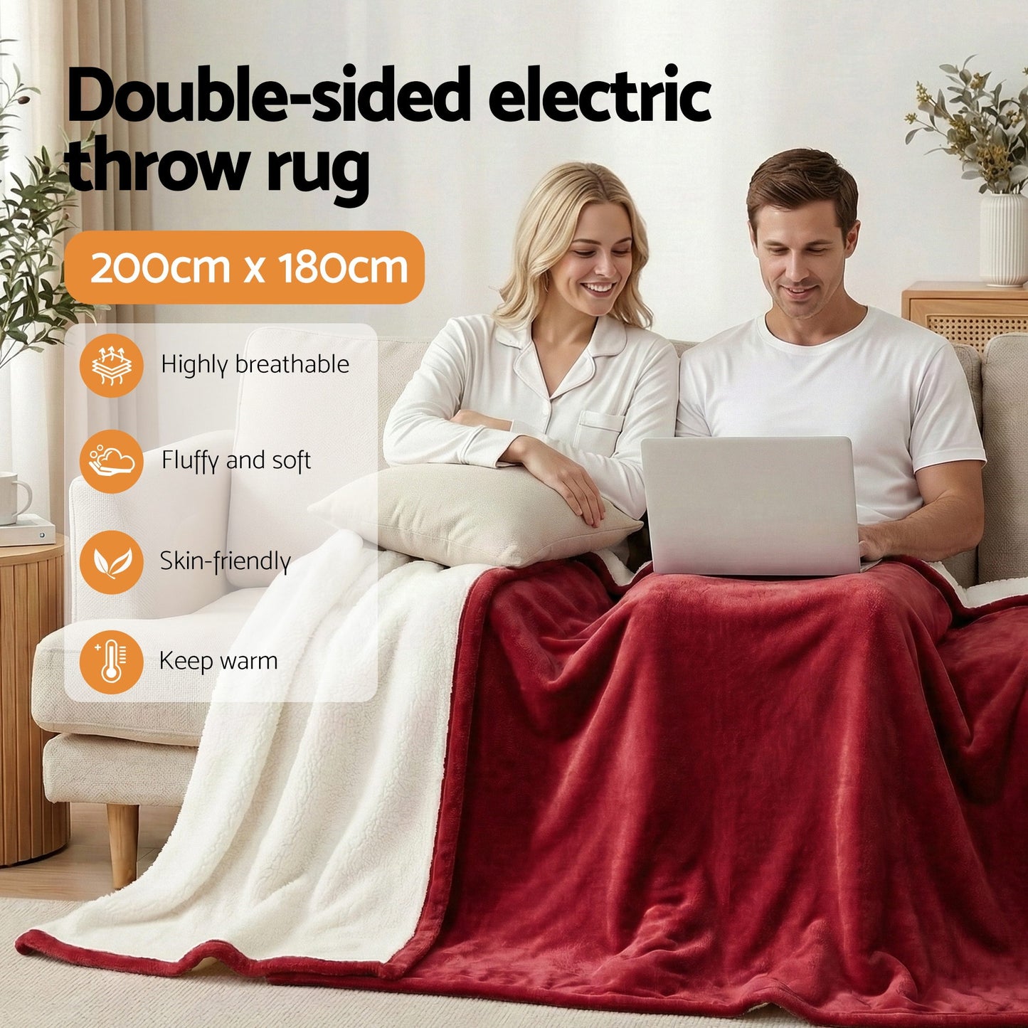 Giselle Electric Throw Rug Double Size 200x180cm Fleece Flannel Heated Blanket Burgundy EB-C-THROW-DS-200-BGD