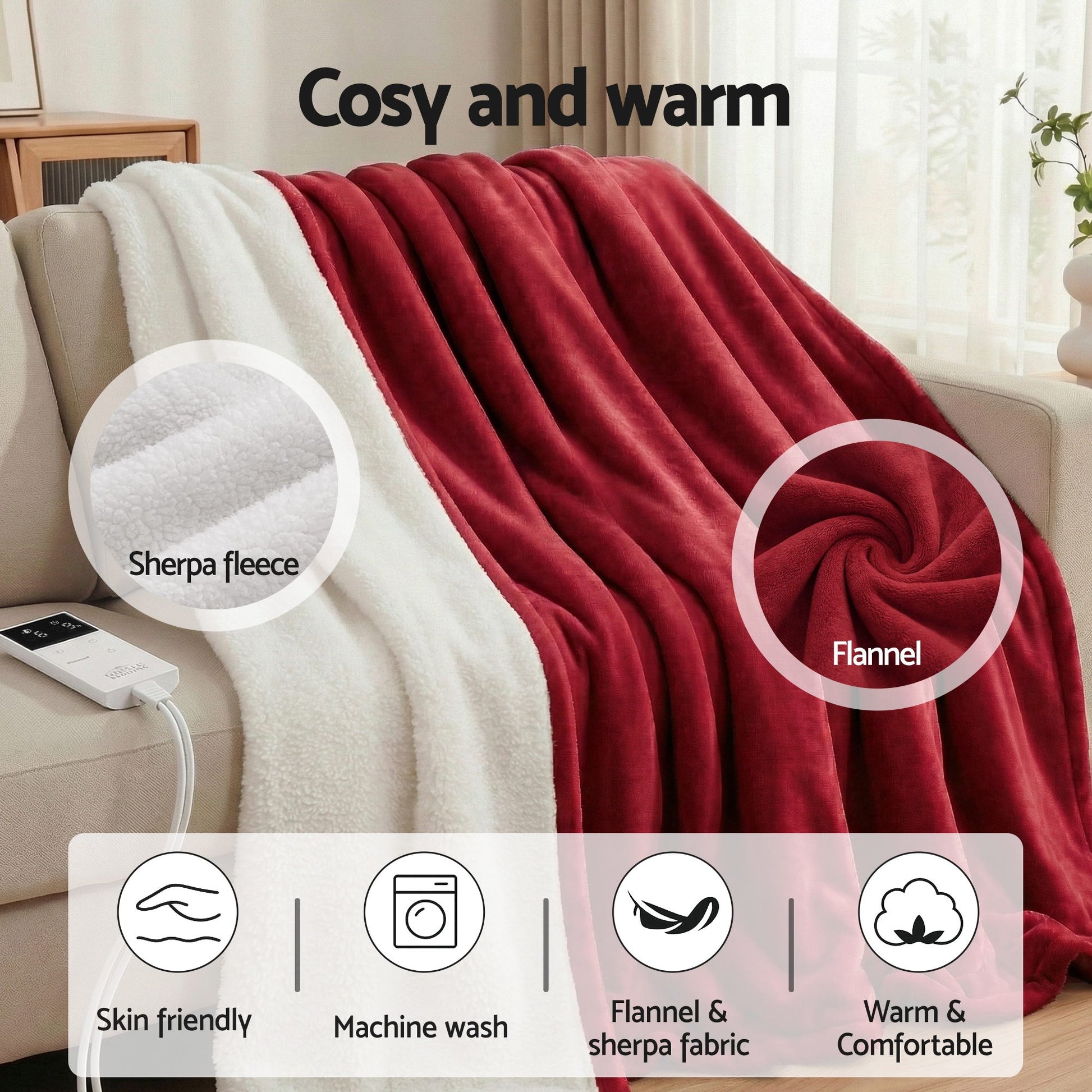 Giselle Electric Throw Rug Double Size 200x180cm Fleece Flannel Heated Blanket Burgundy EB-C-THROW-DS-200-BGD