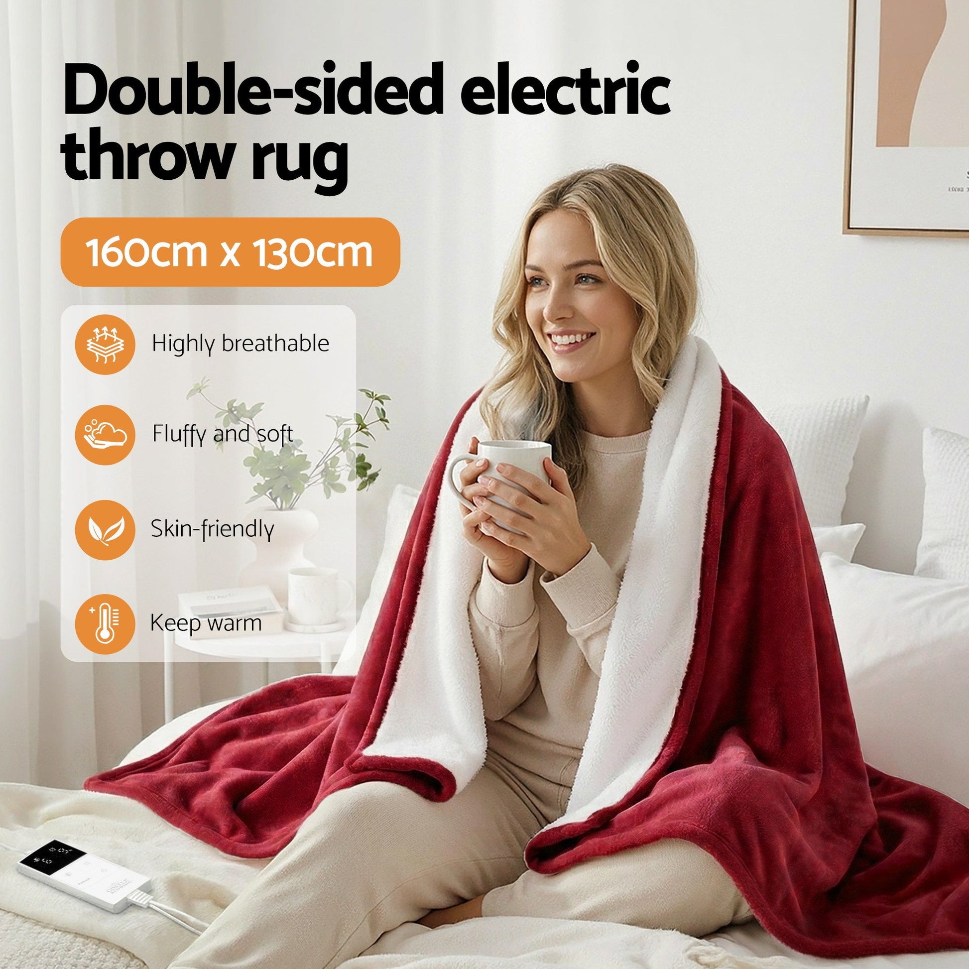 Giselle Electric Throw Rug Dual Side Fleece Flannel Heated Blanket Burgundy EB-C-THROW-RUG-DS-BGD