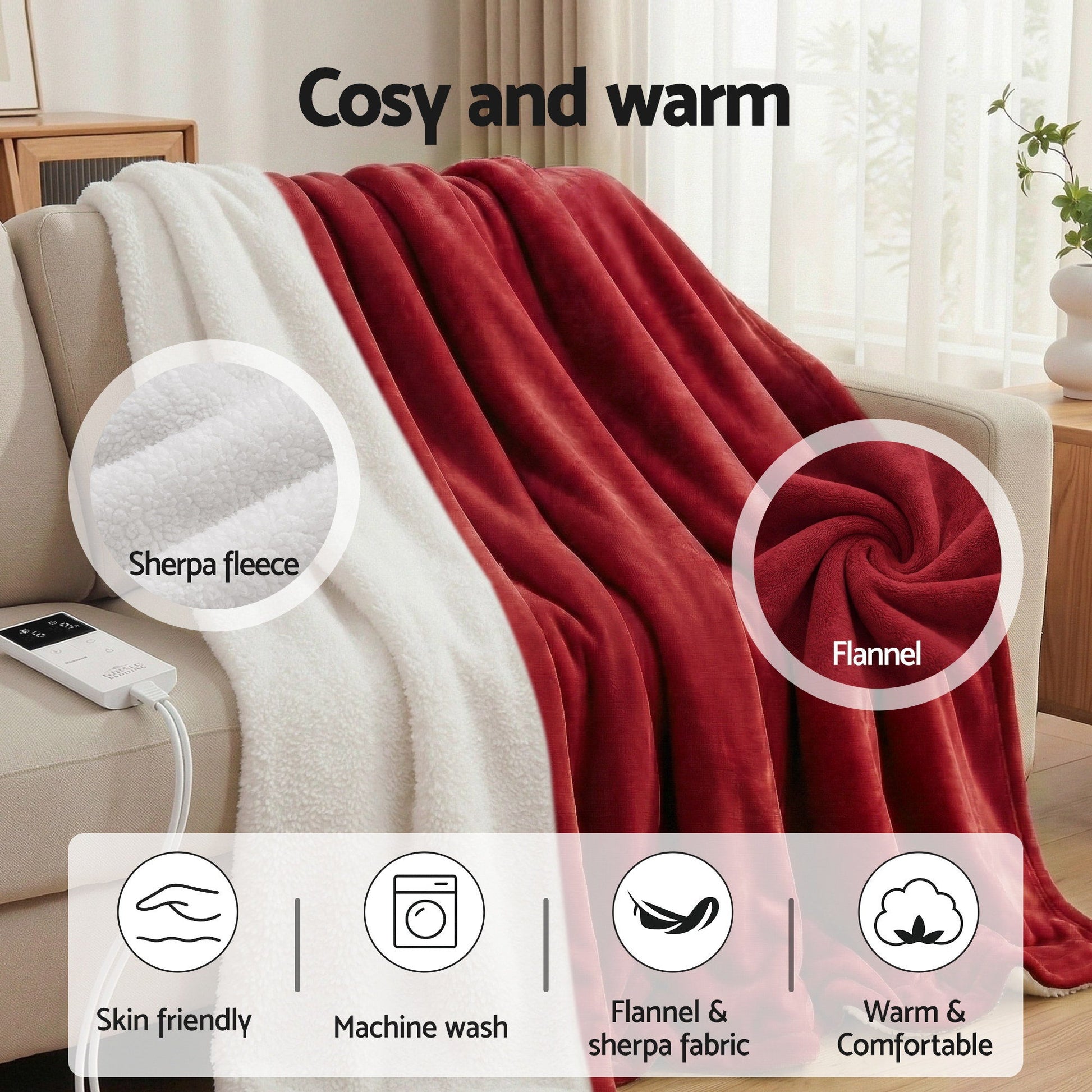 Giselle Electric Throw Rug Dual Side Fleece Flannel Heated Blanket Burgundy EB-C-THROW-RUG-DS-BGD