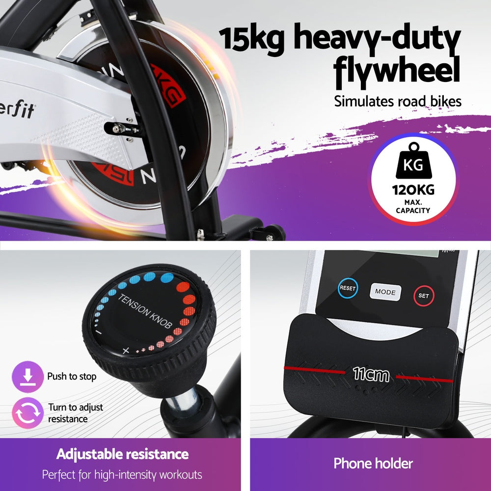 15kg Flywheel Spin Bike Everfit Exercise Bike Home Gym Fitness 120KG Capacity EB-F-SPIN-15-SI