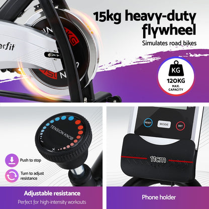 15kg Flywheel Spin Bike Everfit Exercise Bike Home Gym Fitness 120KG Capacity EB-F-SPIN-15-SI