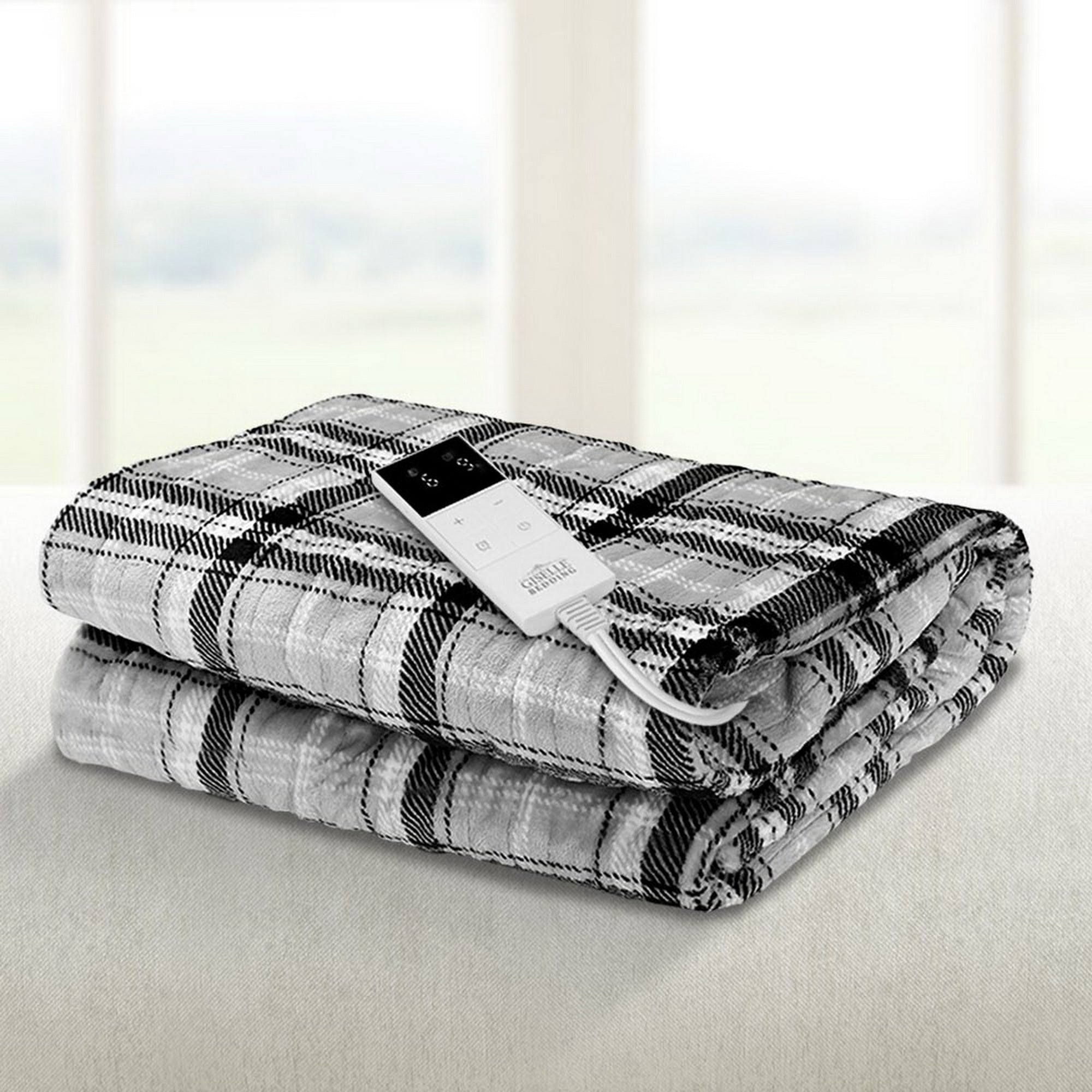 Giselle Bedding Electric Throw Rug Flannel Snuggle Blanket Washable Heated Grey and White Checkered EB-THROW-RUG-FLN
