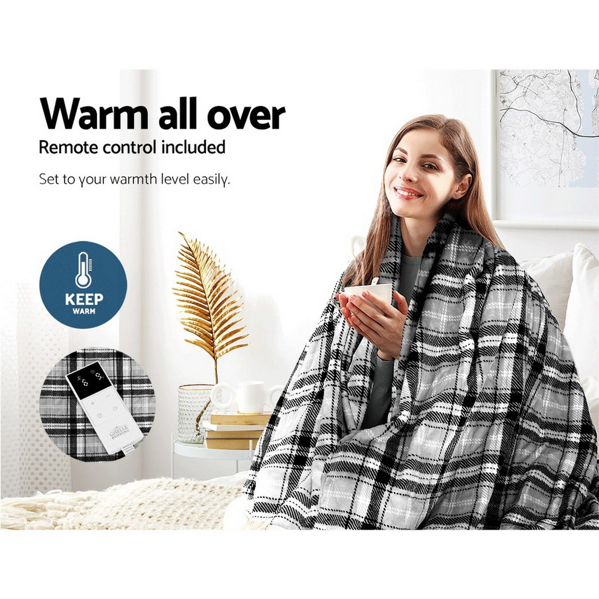 Giselle Bedding Electric Throw Rug Flannel Snuggle Blanket Washable Heated Grey and White Checkered EB-THROW-RUG-FLN