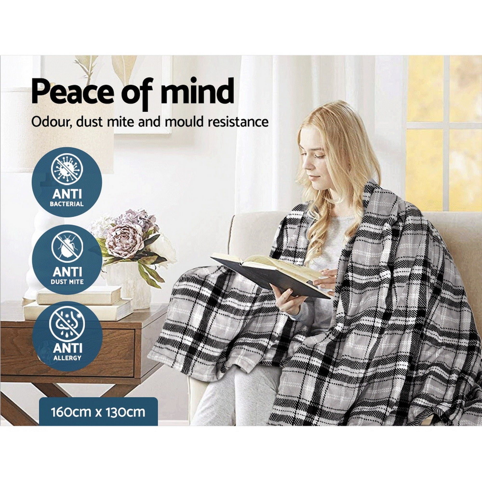 Giselle Bedding Electric Throw Rug Flannel Snuggle Blanket Washable Heated Grey and White Checkered EB-THROW-RUG-FLN