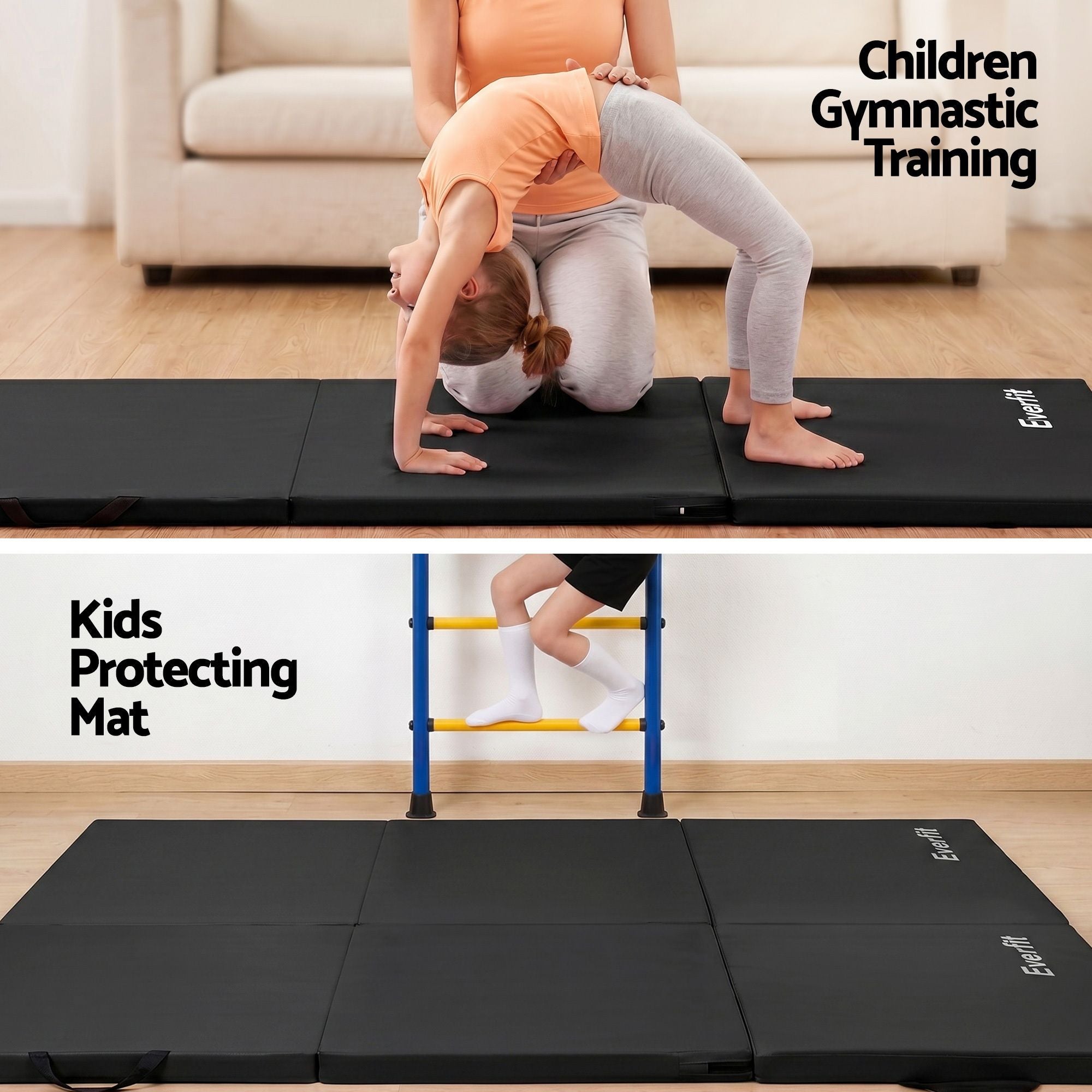 Everfit Gymnastics Mats Folding Exercise Floor Mat Portable 3 Fold Tumbling Mat Black