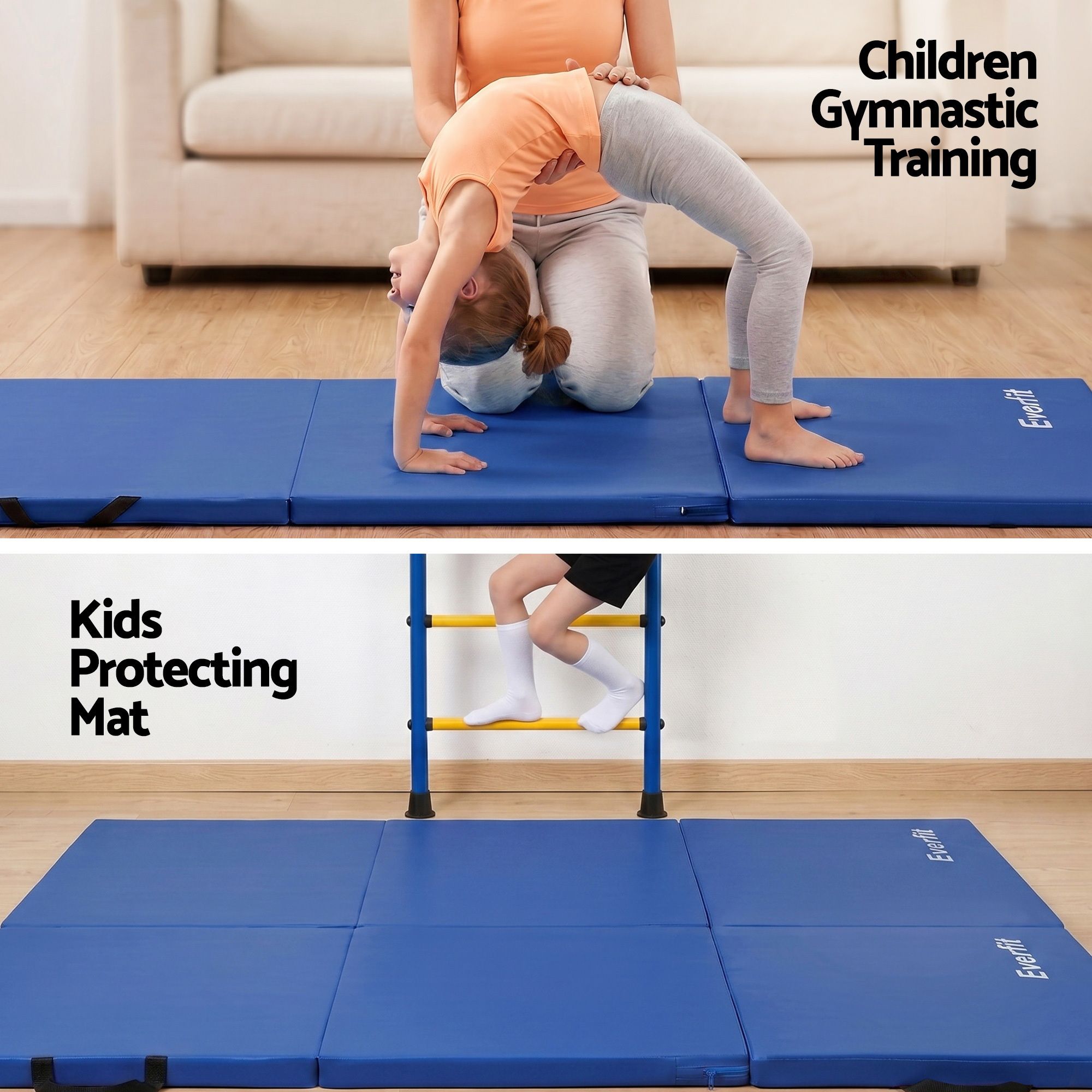 Everfit 180x60cm Gymnastics Mats Folding Exercise Floor Mat Portable 3 Fold Tumbling Mat Blue