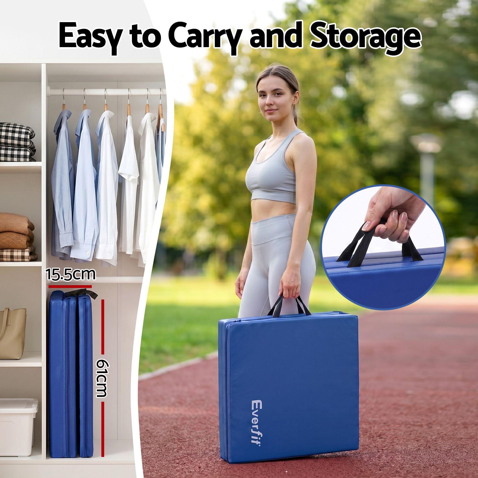 Everfit 180x60cm Gymnastics Mats Folding Exercise Floor Mat Portable 3 Fold Tumbling Mat Blue