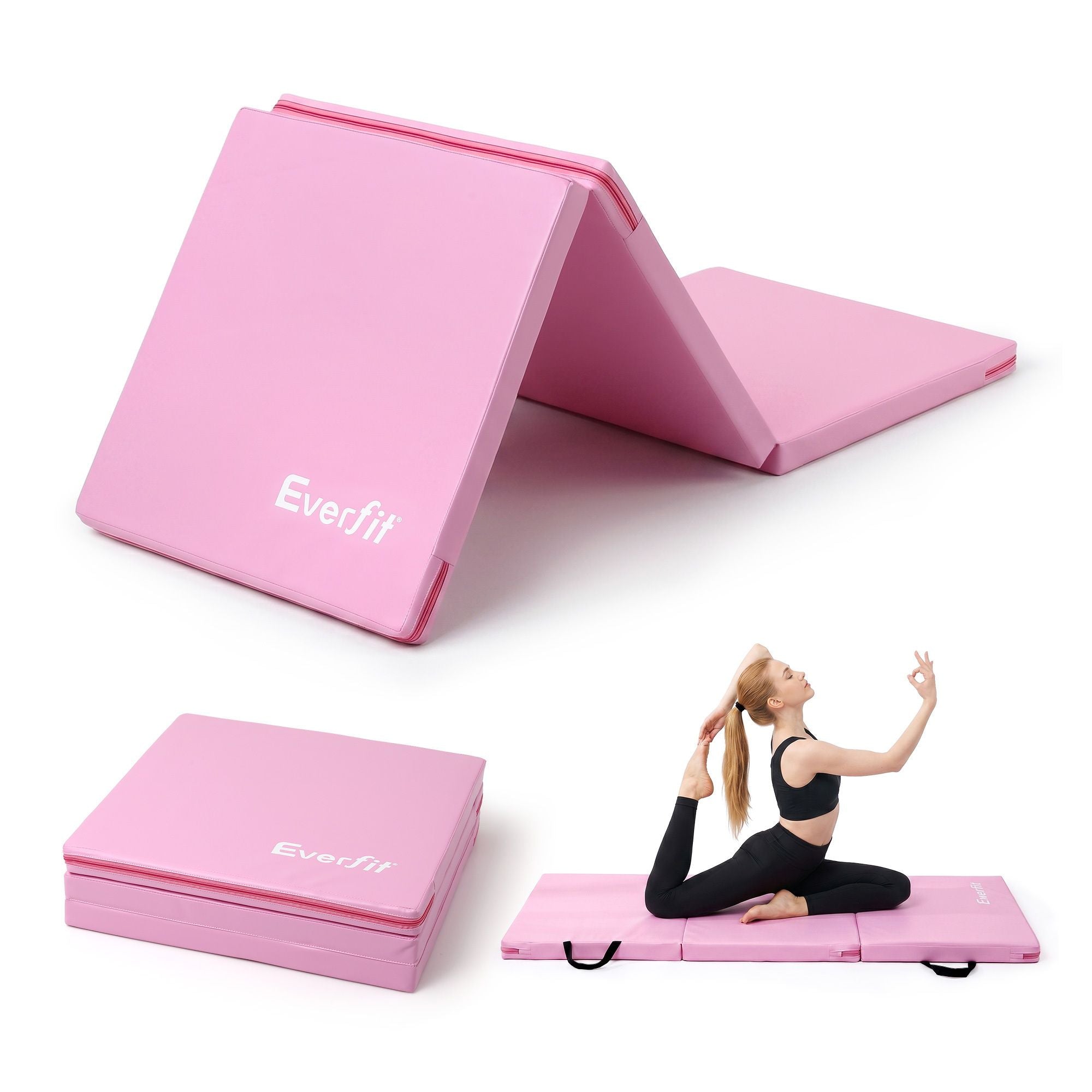 Everfit 180x60cm Gymnastics Mats Folding Exercise Floor Mat Portable 3 Fold Tumbling Mat Pink