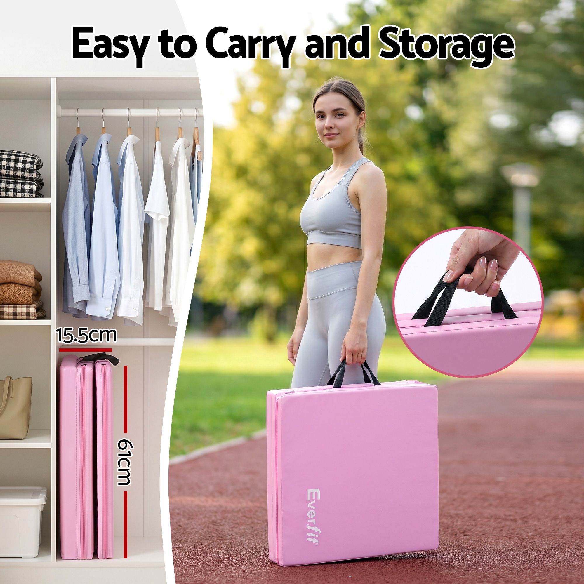 Everfit 180x60cm Gymnastics Mats Folding Exercise Floor Mat Portable 3 Fold Tumbling Mat Pink
