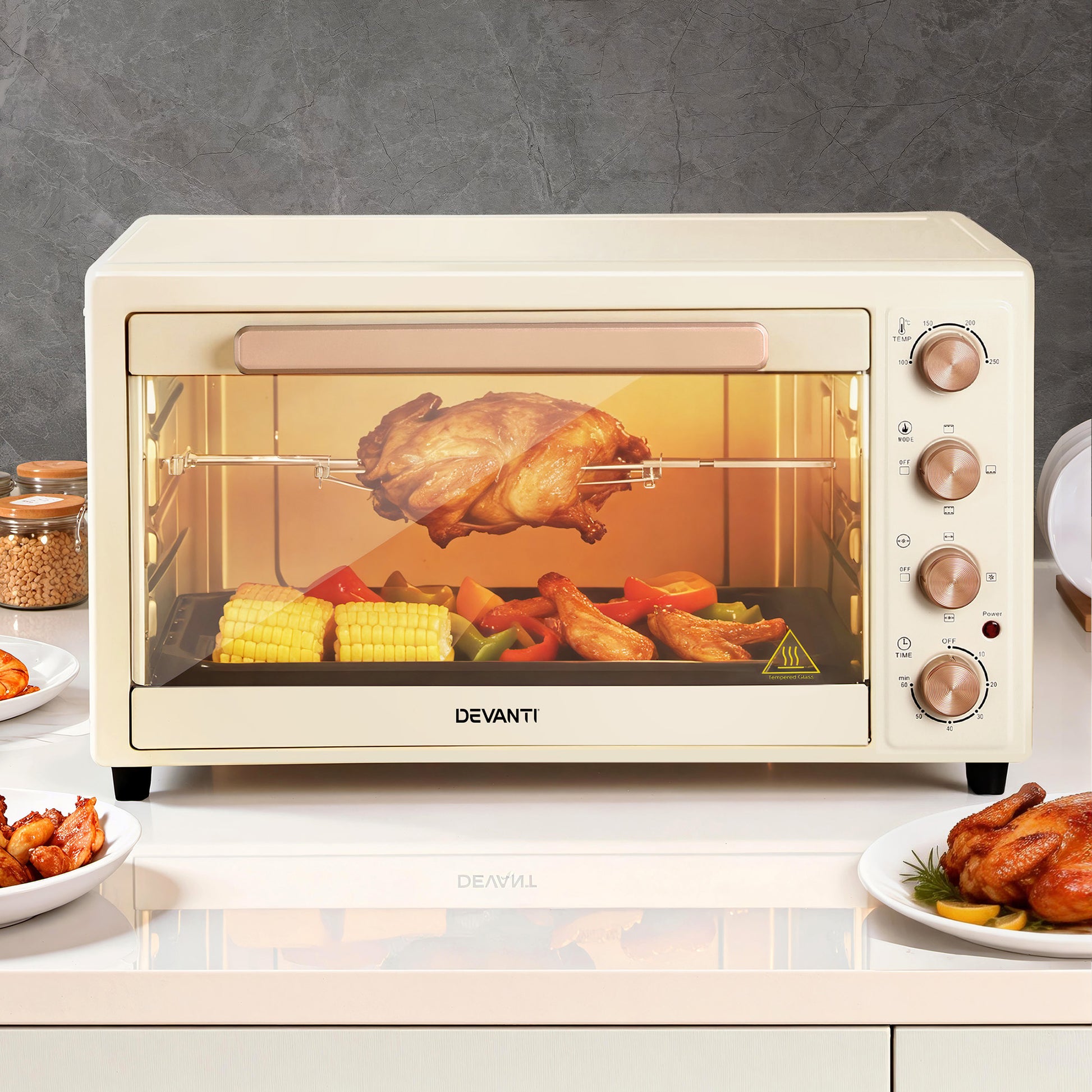Devanti 60L Convection Oven Electric Fryer Ovens 2000W Cream ECO-B-NHP-60L-CR