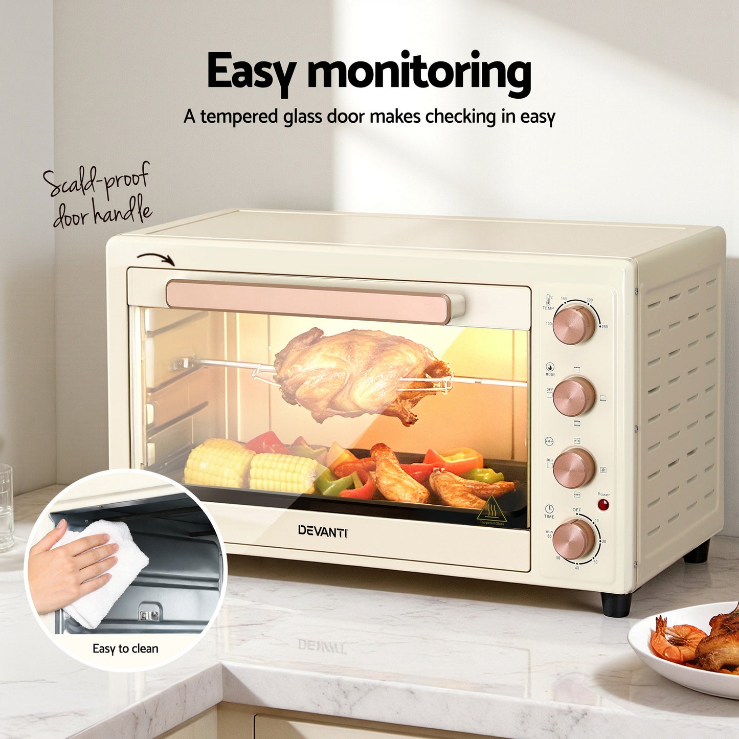 Devanti 60L Convection Oven Electric Fryer Ovens 2000W Cream ECO-B-NHP-60L-CR