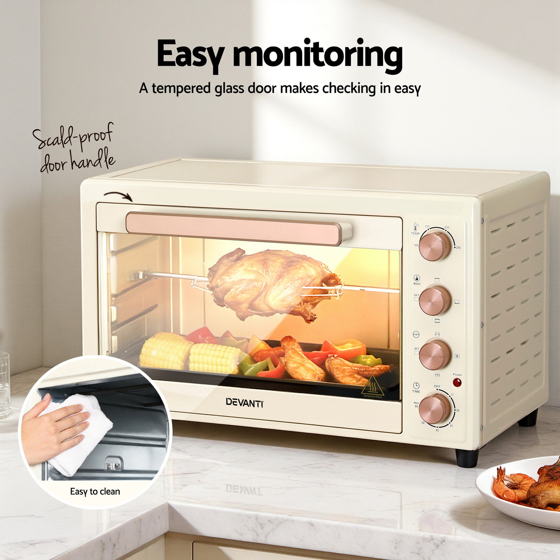 Devanti 60L Convection Oven Electric Fryer Ovens 2000W Cream ECO-B-NHP-60L-CR