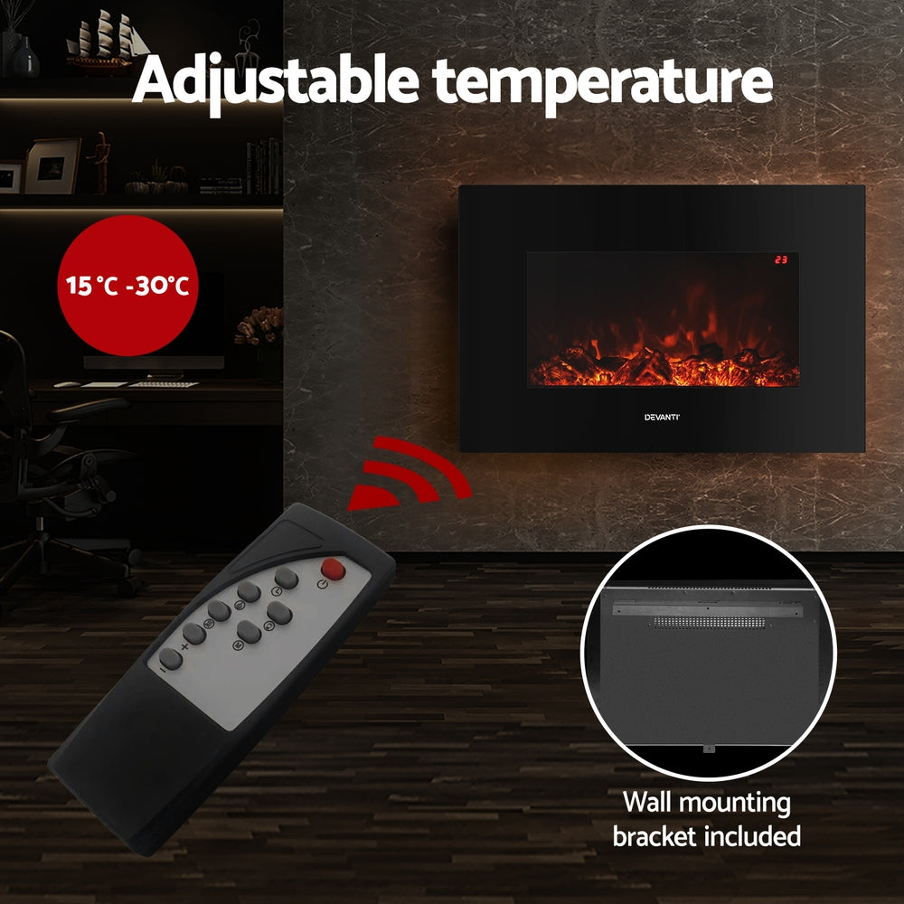Devanti Electric Fireplace Fire Heater 2000W Black EFL-D-03B-2000-BK