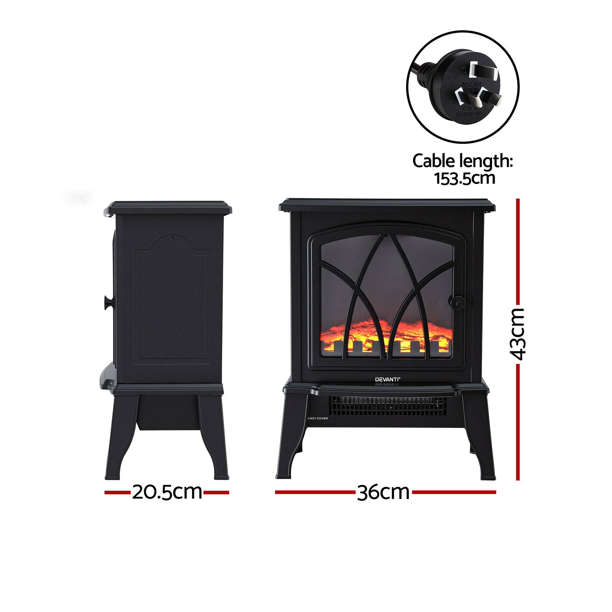 Devanti 2000W Electric Fireplace Heater Stove Freestanding 3D Flame Effect Indoor Space Heaters EFL-D-19C-2000-BK
