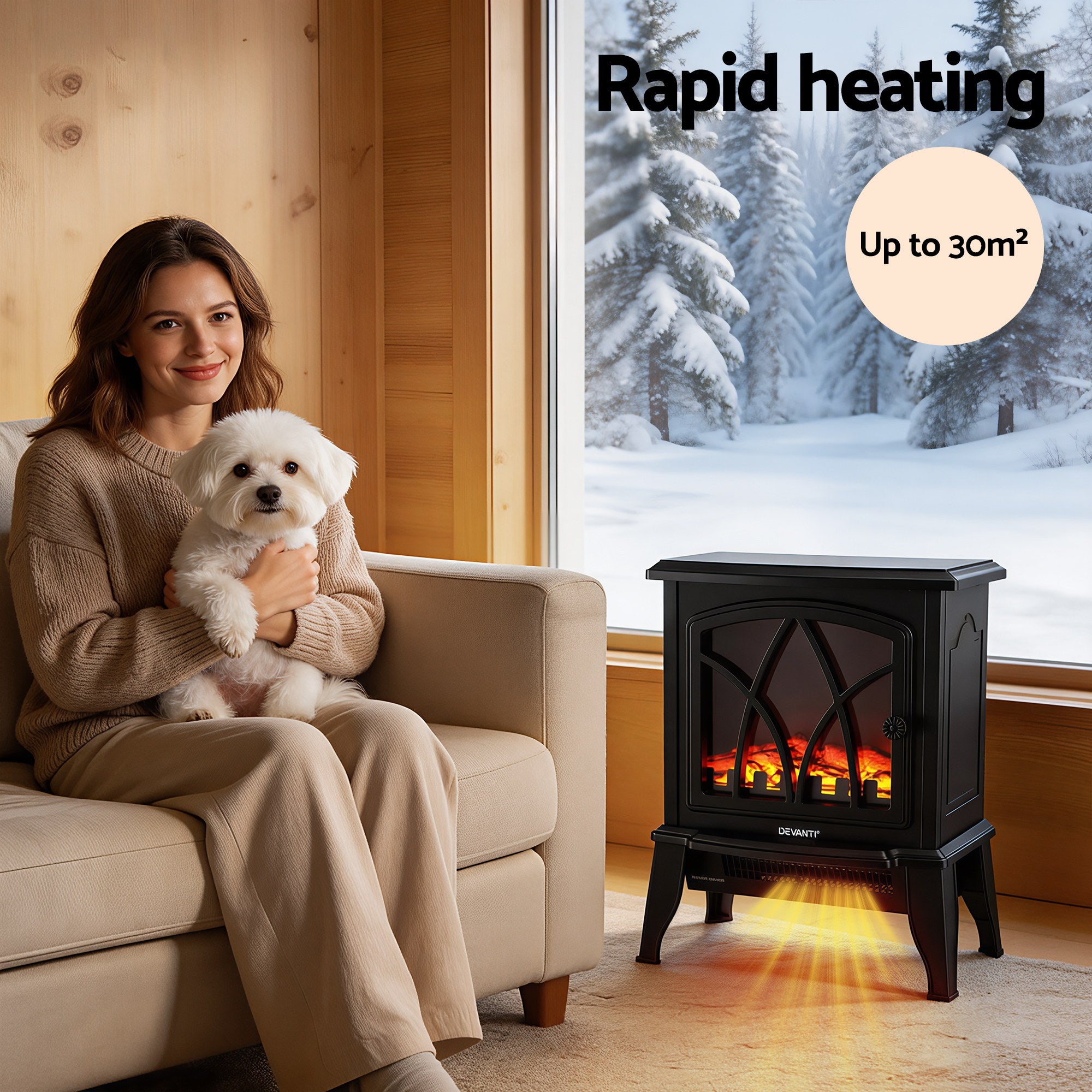 Devanti 2000W Electric Fireplace Heater Stove Freestanding 3D Flame Effect Indoor Space Heaters EFL-D-19C-2000-BK