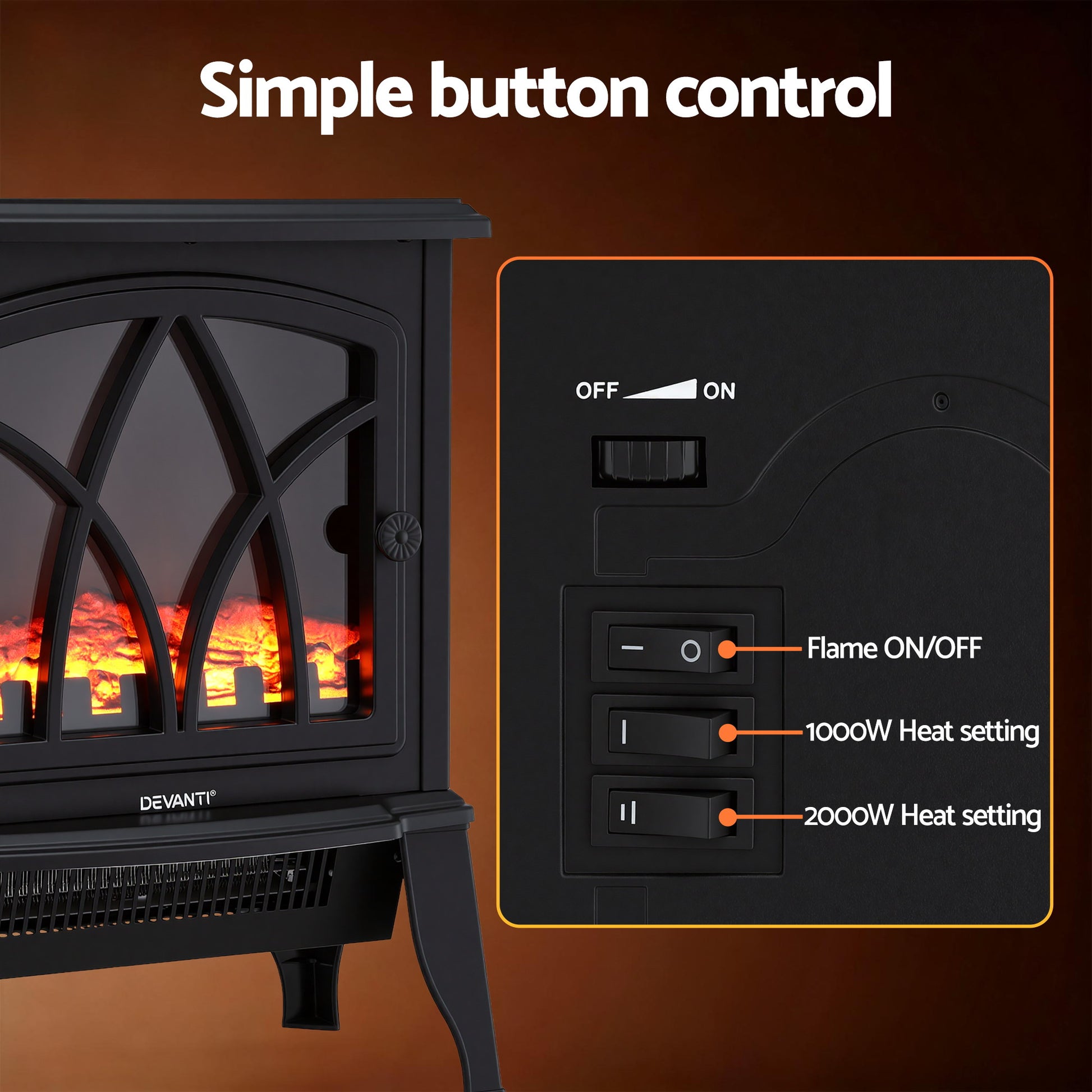 Devanti 2000W Electric Fireplace Heater Stove Freestanding 3D Flame Effect Indoor Space Heaters EFL-D-19C-2000-BK