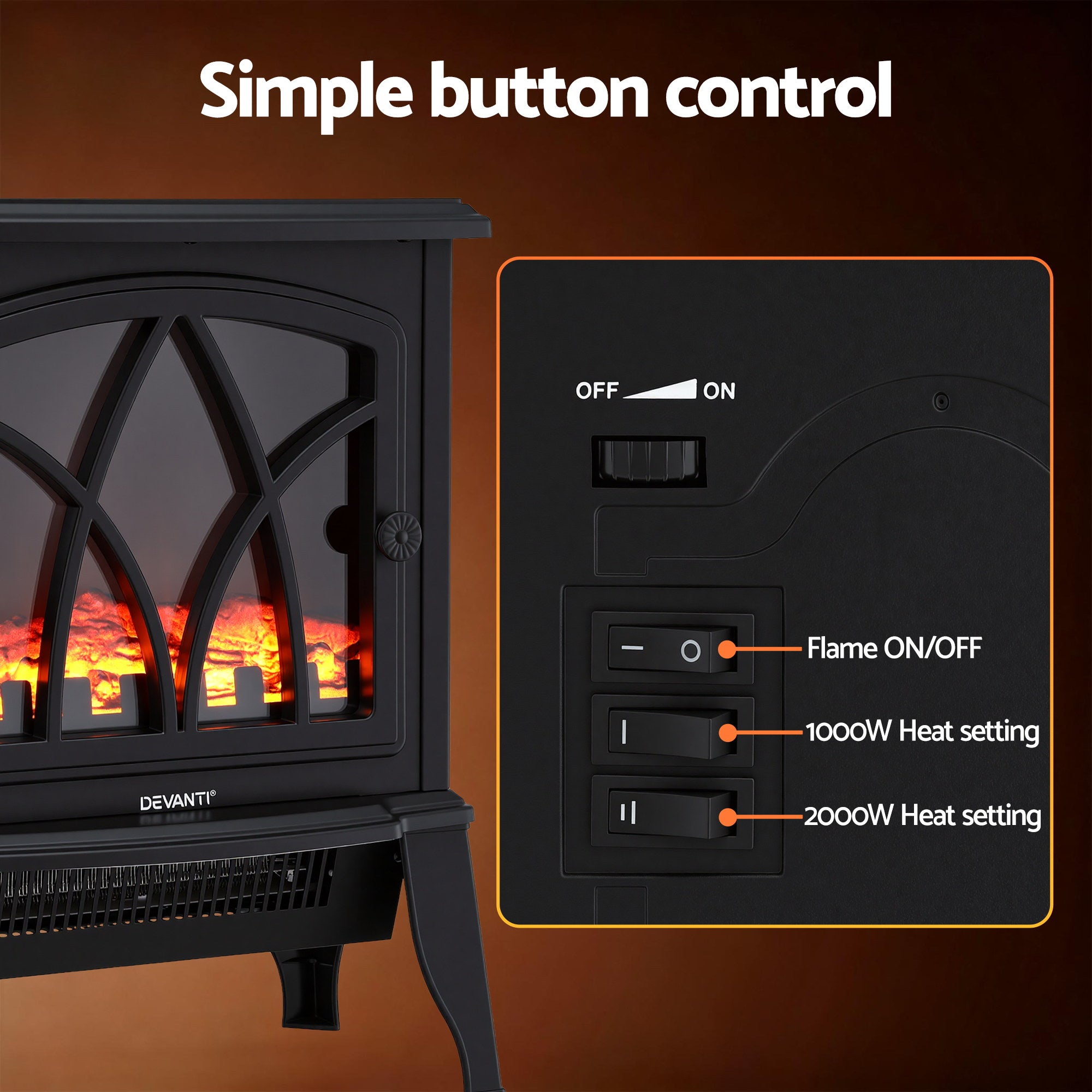 Devanti 2000W Electric Fireplace Heater Stove Freestanding 3D Flame Effect Indoor Space Heaters EFL-D-19C-2000-BK