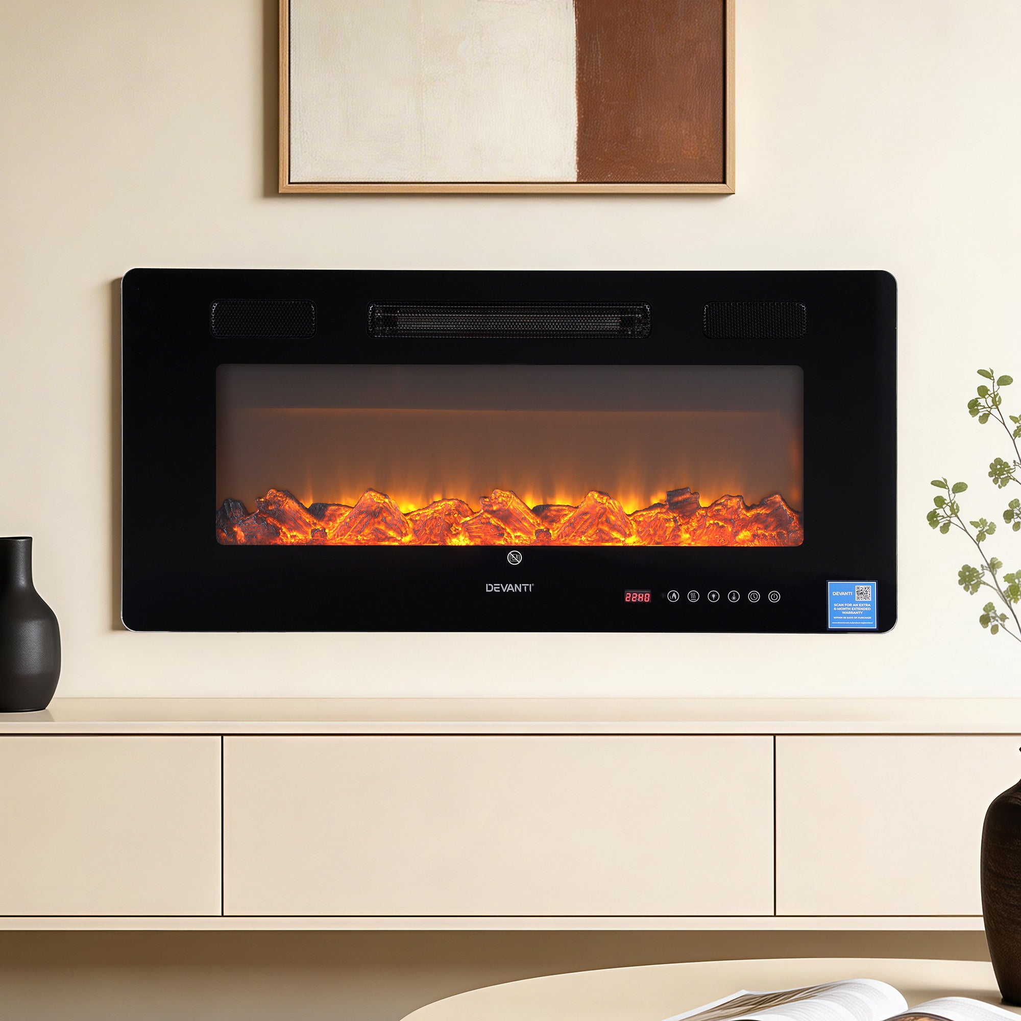 Devanti Electric Fireplace Fire Heater Wall Mounted Insert 3D Flame 1800W Remote Control EFL-D-YH23-2000-BK
