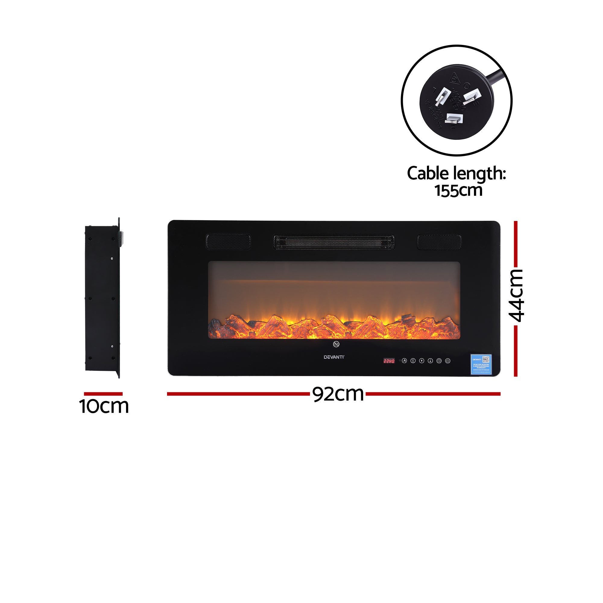 Devanti Electric Fireplace Fire Heater Wall Mounted Insert 3D Flame 1800W Remote Control EFL-D-YH23-2000-BK