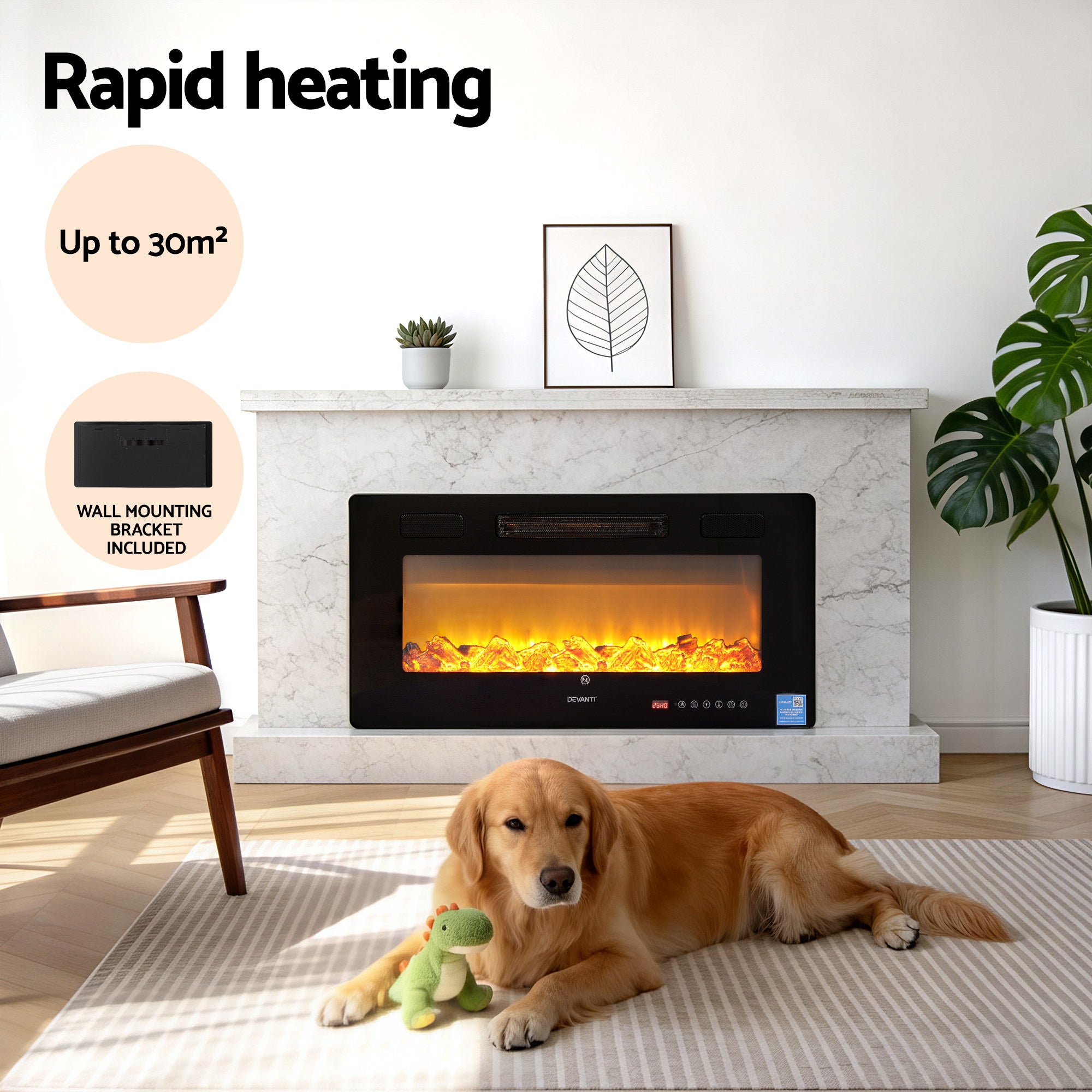 Devanti Electric Fireplace Fire Heater Wall Mounted Insert 3D Flame 1800W Remote Control EFL-D-YH23-2000-BK