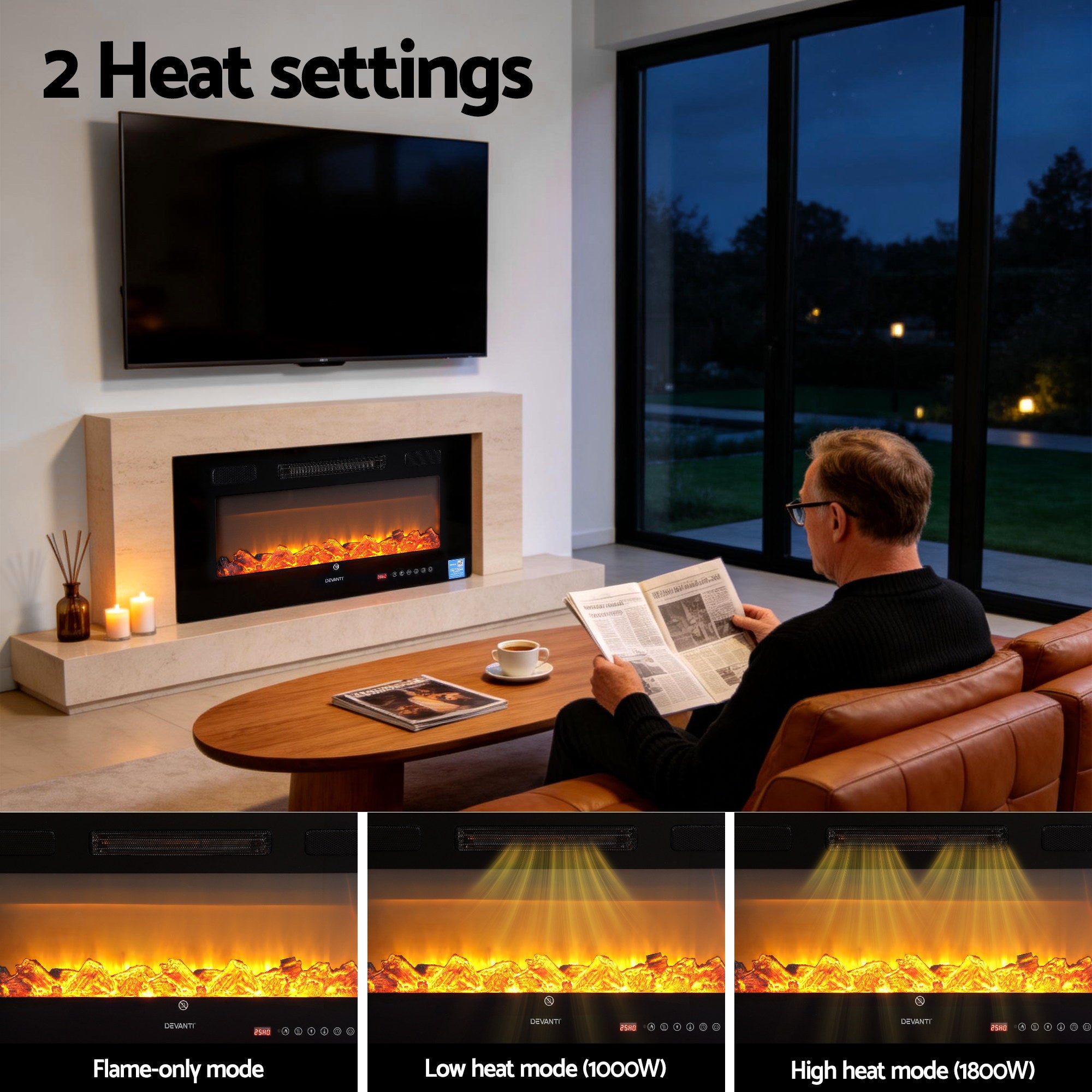 Devanti Electric Fireplace Fire Heater Wall Mounted Insert 3D Flame 1800W Remote Control EFL-D-YH23-2000-BK