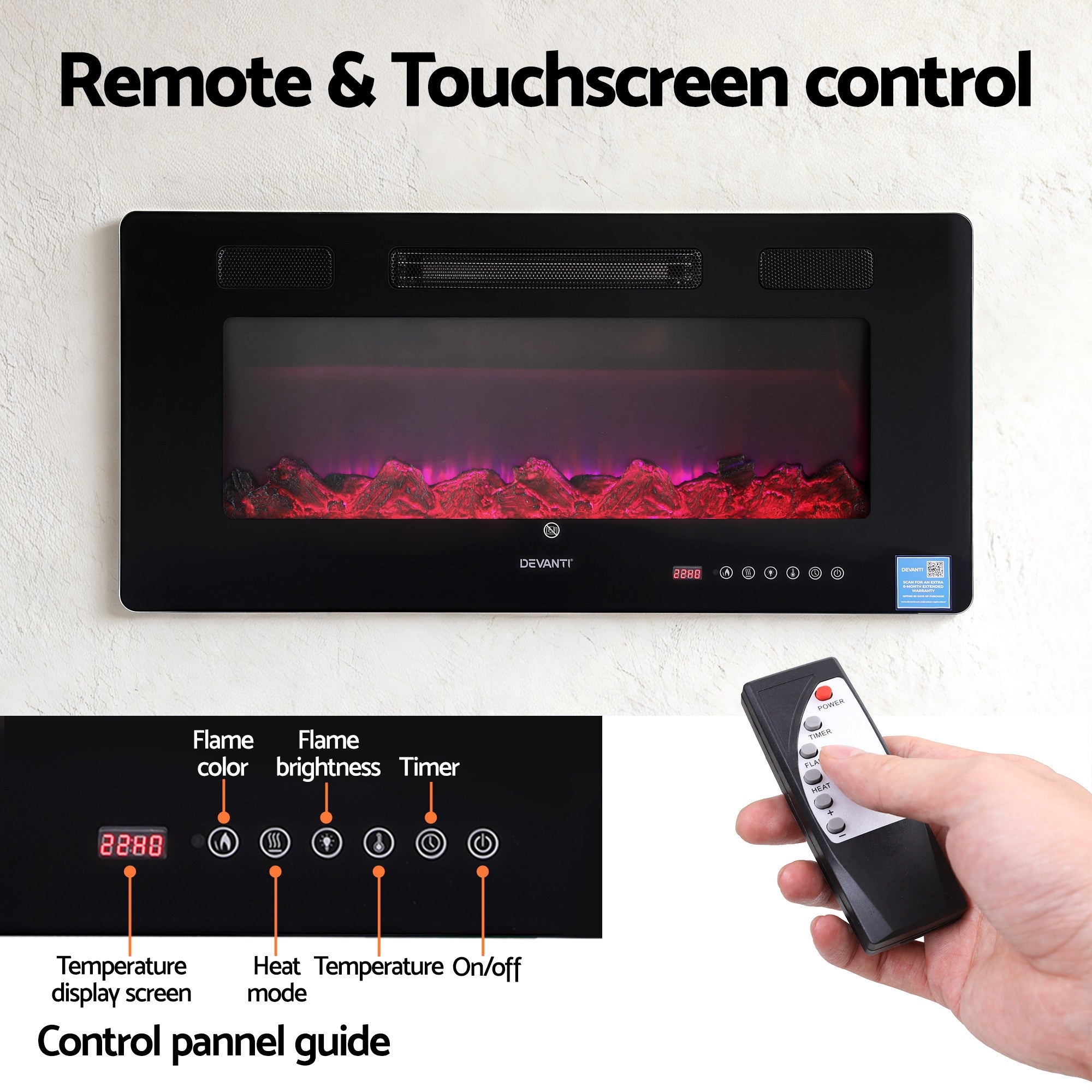 Devanti Electric Fireplace Fire Heater Wall Mounted Insert 3D Flame 1800W Remote Control EFL-D-YH23-2000-BK