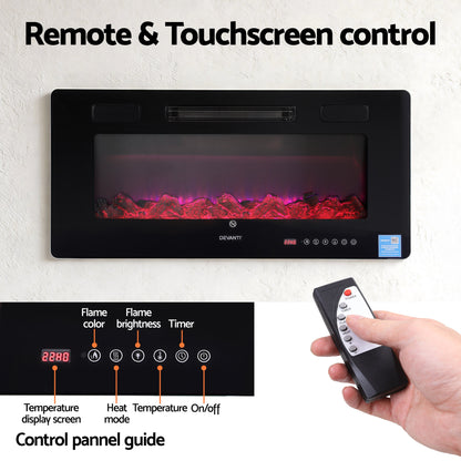 Devanti Electric Fireplace Fire Heater Wall Mounted Insert 3D Flame 1800W Remote Control EFL-D-YH23-2000-BK