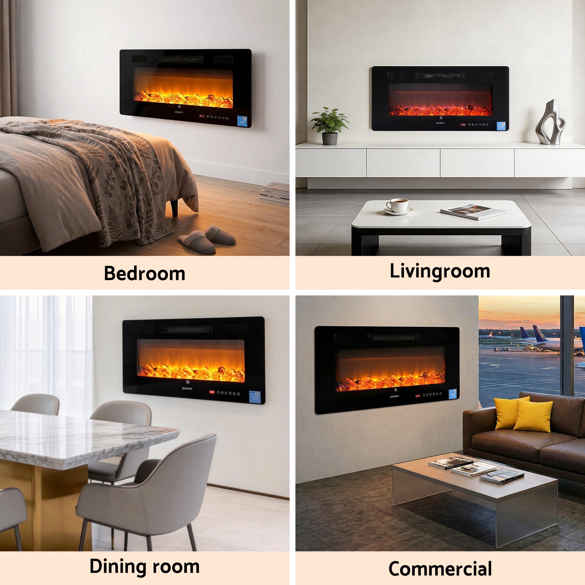 Devanti Electric Fireplace Fire Heater Wall Mounted Insert 3D Flame 1800W Remote Control EFL-D-YH23-2000-BK
