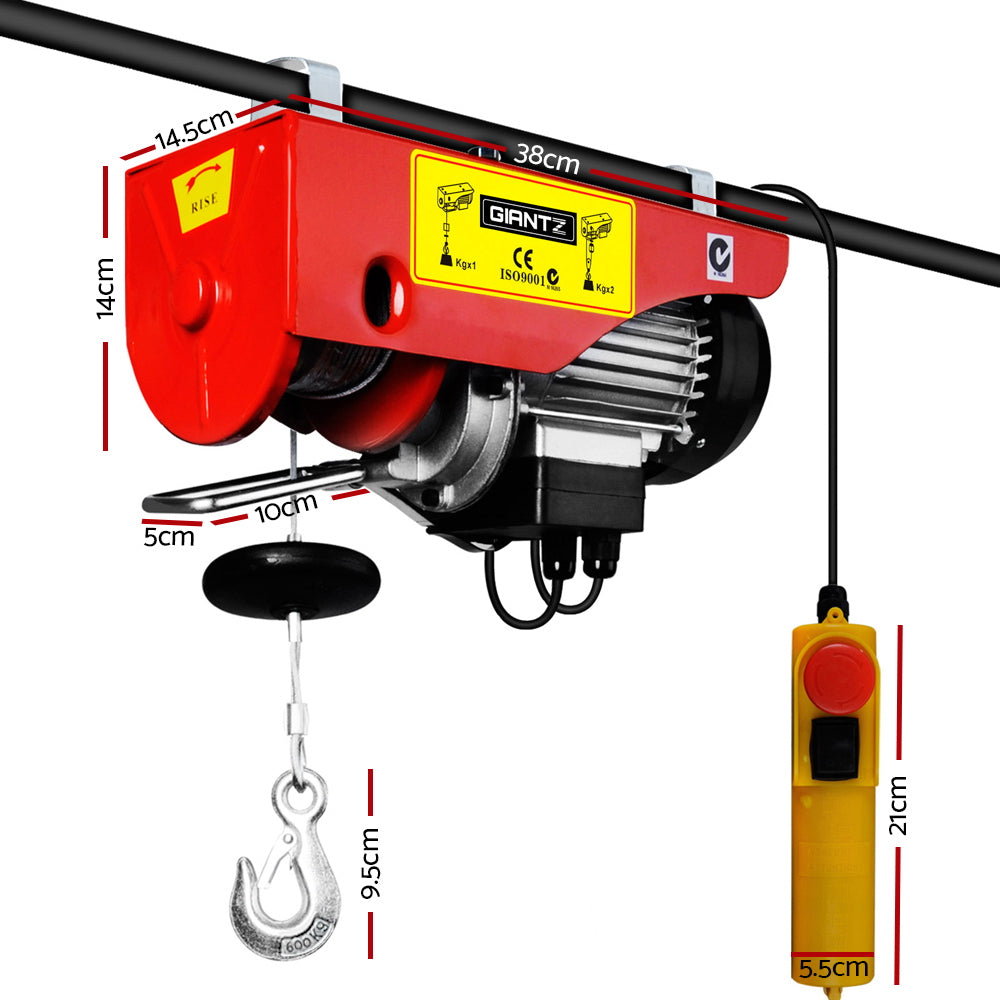 Giantz Electric Hoist Winch 300/600KG Cable 18M Rope Tool Remote Chain Lifting EH-15M-PA600A