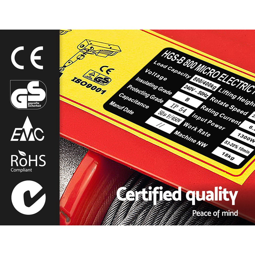 Giantz Electric Hoist Winch 400/800KG Cable 20M Rope Tool Remote Chain Lifting EH-15M-PA800A