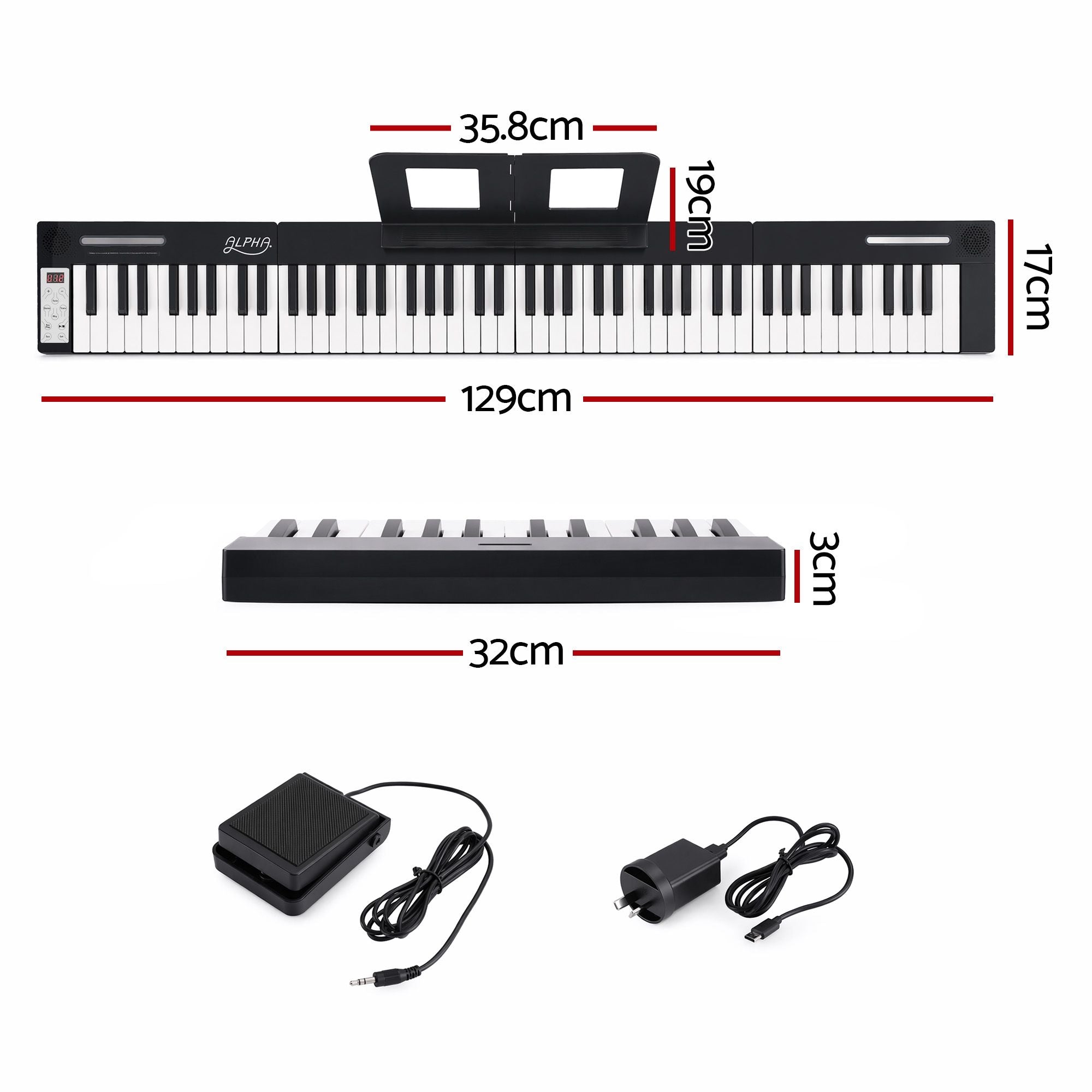 Alpha 88 Key Quad Folding Electronic Keyboard Digital Piano Portable MIDI Bluetooth Black