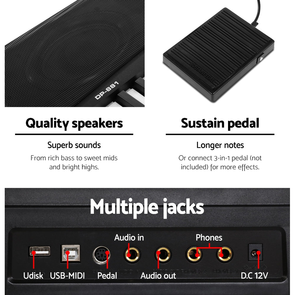 Alpha 88 Keys Electronic Piano Keyboard Digital Electric w/ Stand Sustain Pedal EK-DP-881-BK-X